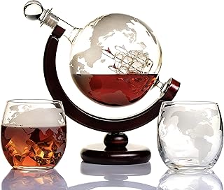 Whiskey Globe Decanter Set Etched World Globe Decanter for Liquor, Bourbon, Vodka with 2 Glasses in Premium Gift-Box - Hom...