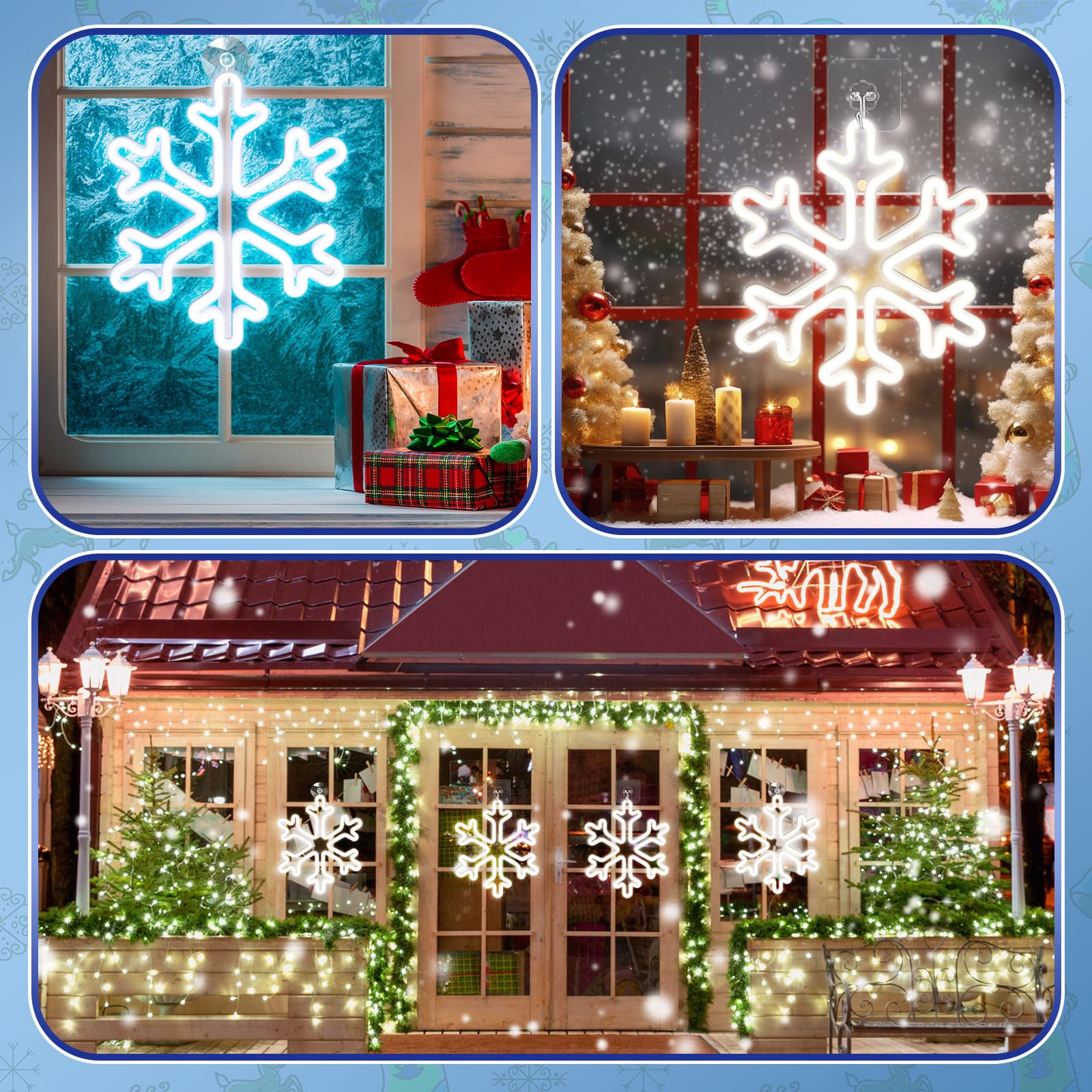 VIHOSE 4 Stück Weihnachts-LED-Schneeflocken-Fensterlichter 31,5 x 25,9 cm Neon-Schneeflocken-Silhouettenlicht mit Haken, USB- und batteriebetrieben, Weihnachtsdekoration, zum Aufhängen für Fenster,
