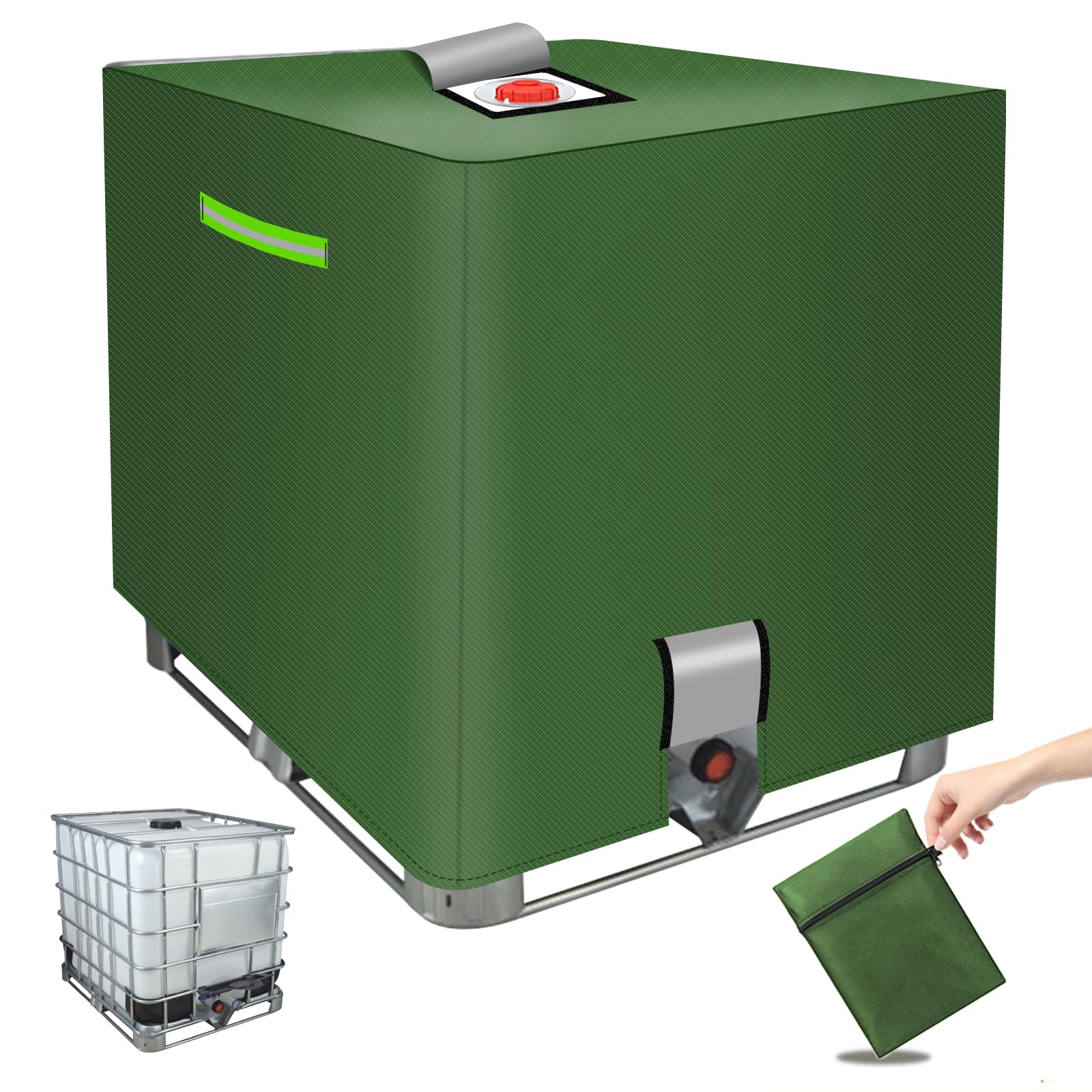 Telo Protettivo Per IBC 1000 Litri: Copertura Impermeabile In Oxford 420D Con Velcro E Strisce Riflettenti, Verde - 2