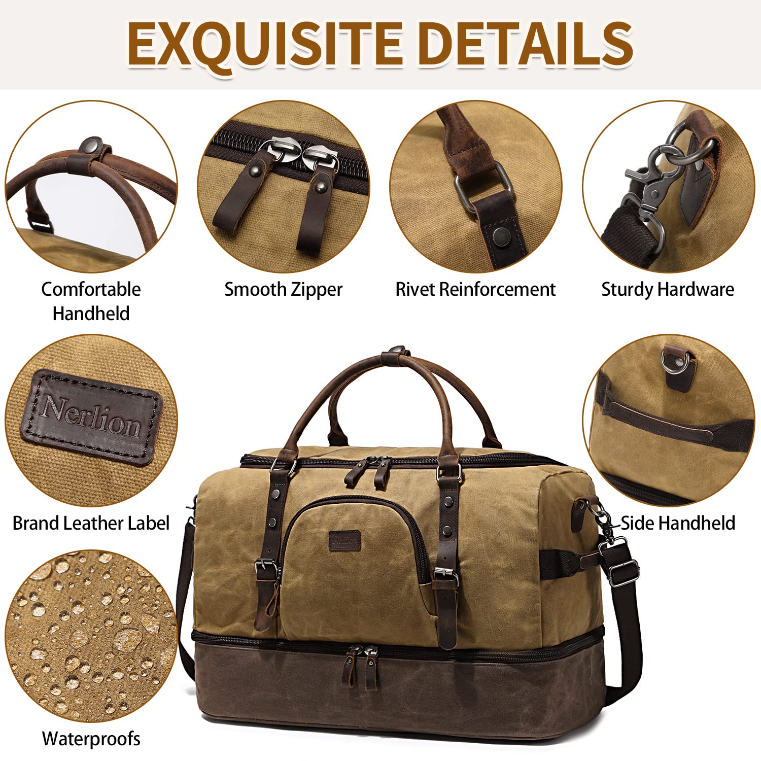 Nerlion Weekender Tasche mit Schuhfach Große Übernachtungstasche für Herren Canvas Echtleder Handgepäck Tasche Reise Seesack, Braun, Reisetasche