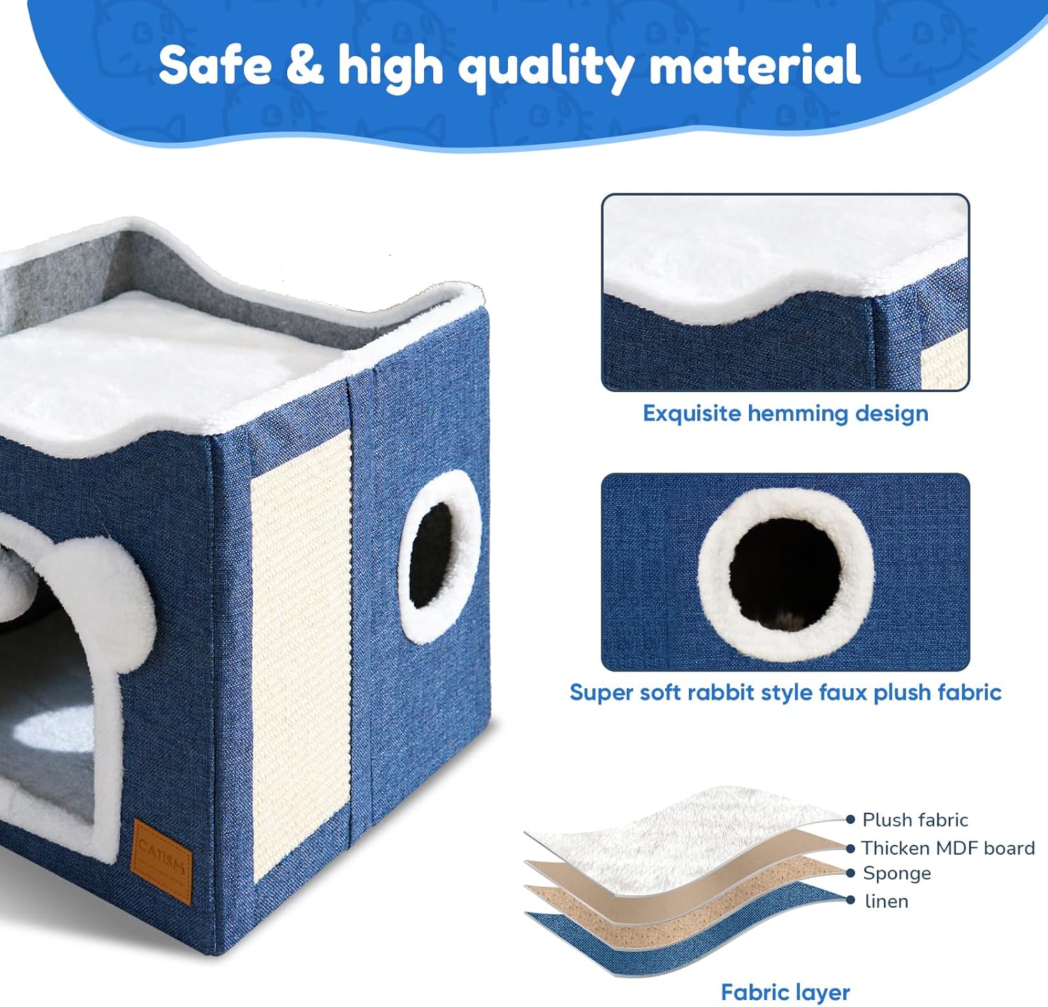 CATISM Cat Bed for Indoor Foldable Cube Cat House Indoor Multifunctional Large Cat Cave with Scratch Board and Fluffy Ball for Pets, 15.7 * 15.7 * 15inch, Blue 5 815kP7FtT5L. AC SL1500