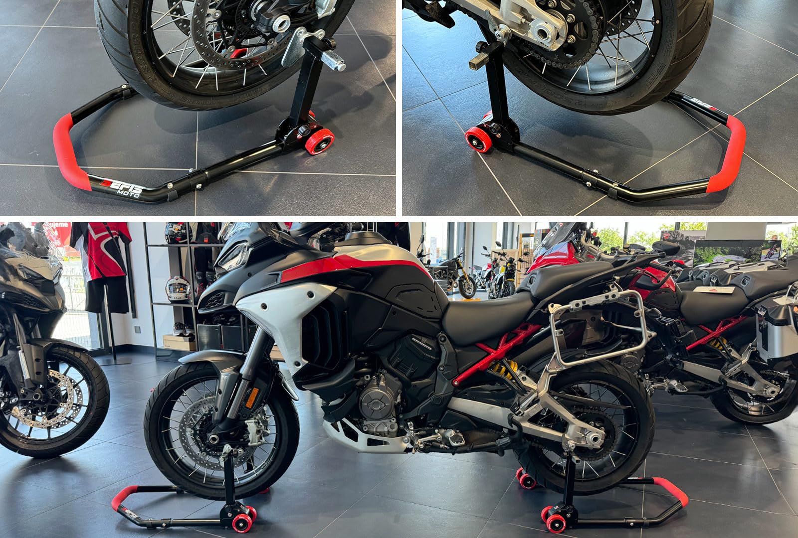 SEFIS D18 stojak na motocykl, zestaw M8, gniazda pryzmatyczne, przednie i tylne koło, podnośnik do motocykli, stojak serwisowy przedni i tylny stojak montażowy do motocykla (czerwony, do Ducati