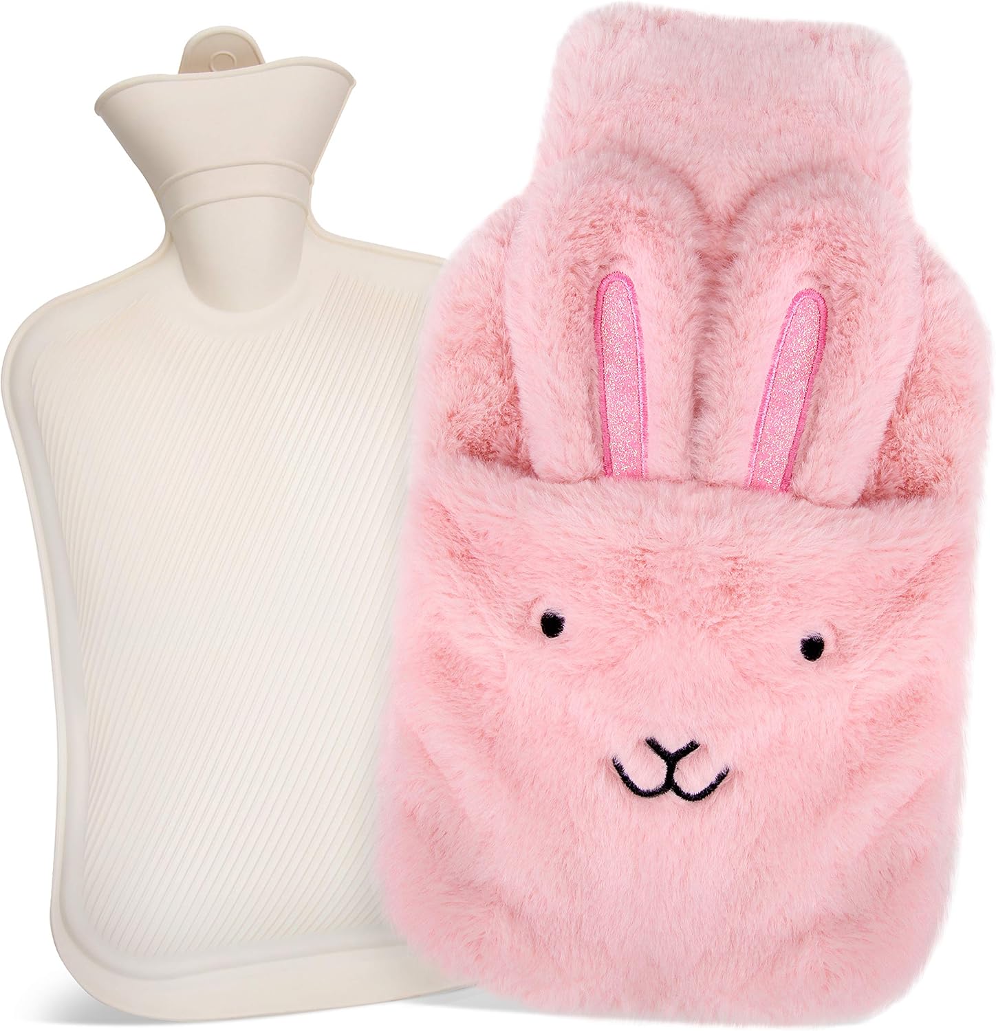JUFAFA Hot Water Bottle with Cover, 2L Large Rubber Hot Water Bag with Kangaroo Hand Pocket Rabbit Cover, Great for Warmth Aches Pains Relief, Ideal Gifts for Mother Father and Children
