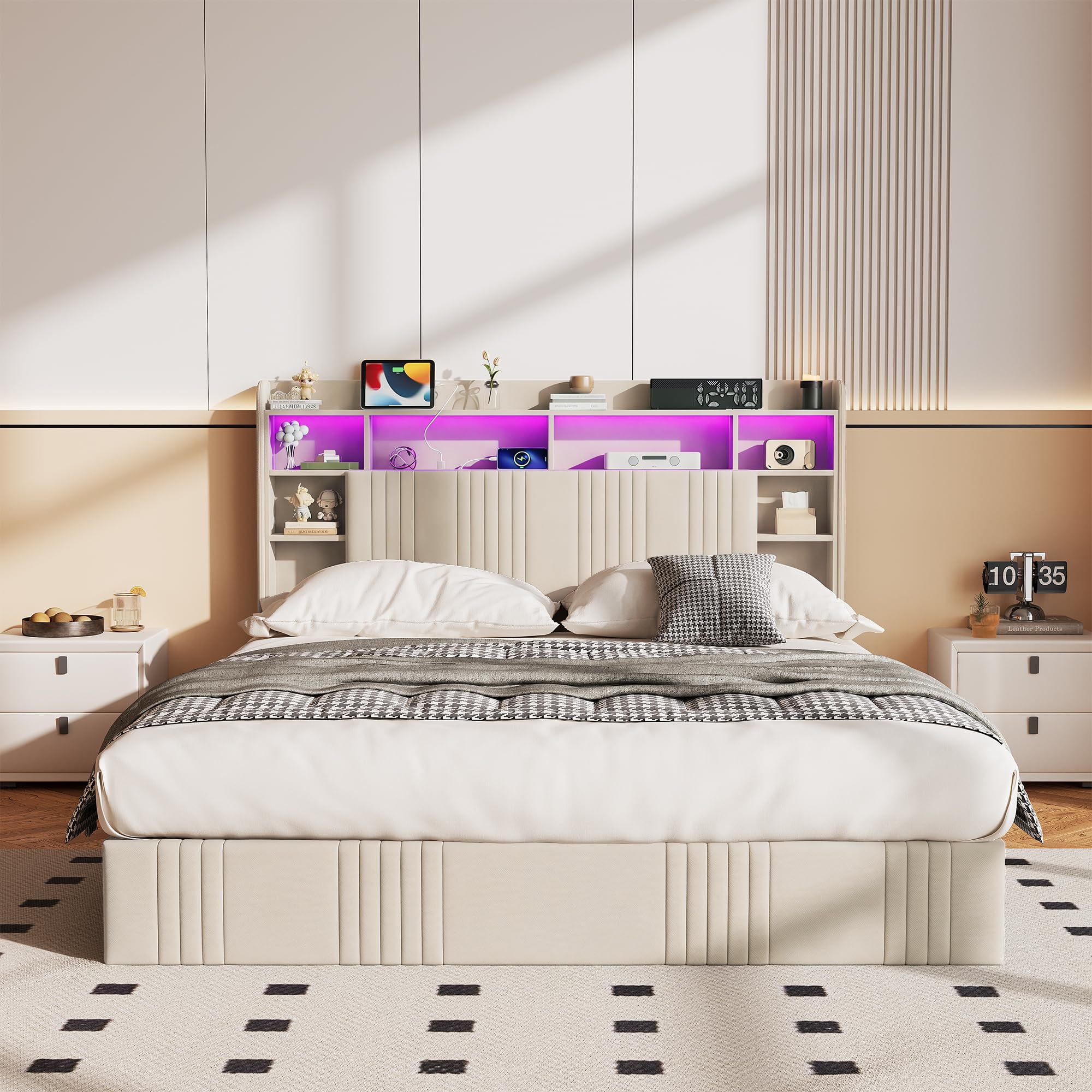 Polsterbett 140x200cm Doppelbett mit USB- und Typ-C-Ladeanschluss,LED Doppelbett Hydraulisch Stauraumbett mit Lattenrost,Jugendbett Funktionsbett,bett 140x200 mit stauraum (Beige+Leinen, 140x200cm)