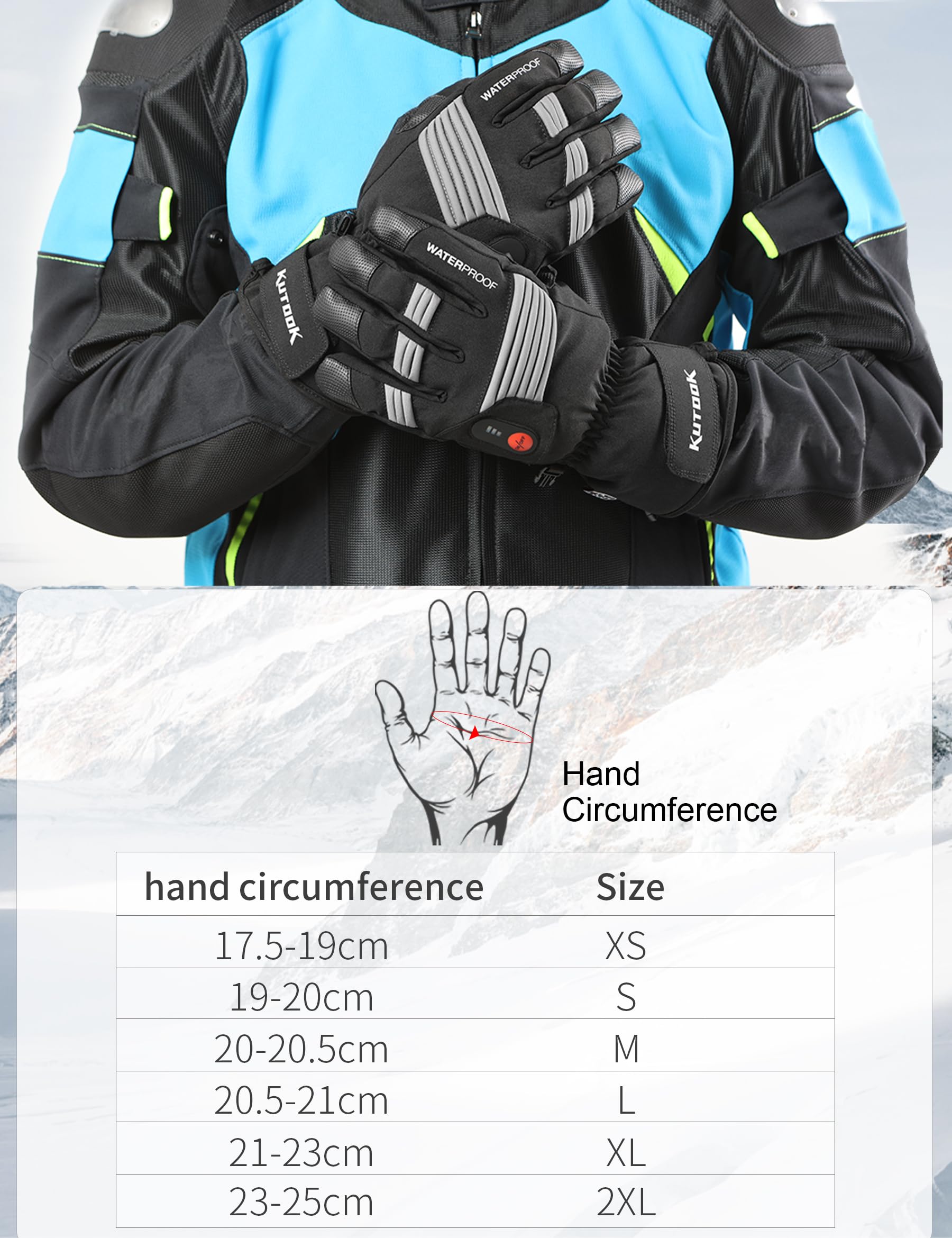 KUTOOK Beheizbare Handschuhe Wasserdicht Motorradhandschuhe Winter Skihandschuhe Schwarz 2.5-5 Stunden