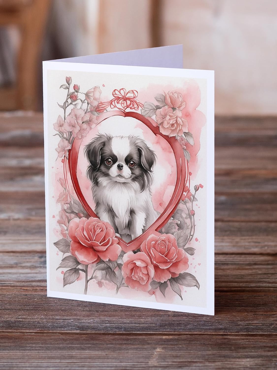 Caroline's Treasures DAC4480GCA7P Japanese Chin Valentine Roses Greeting Cards Pack of 8 Blank Cards with Envelopes Whimsical A7 Size 5x7 Blank Note Cards