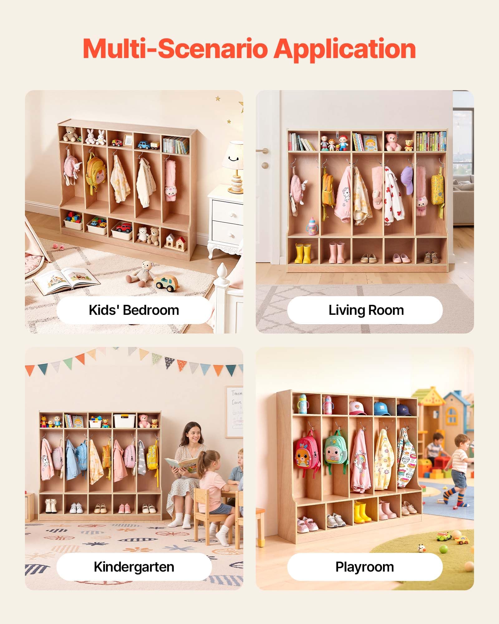 VEVOR Vestiaire 5 Enfants Ouvert, Penderie pour Enfants en Bois, Rangement pour Crèche Maternelle Garderie Maison, Meuble d'accueil Scolaire avec Casiers à Manteaux, à Chaussures et Cases Supérieures