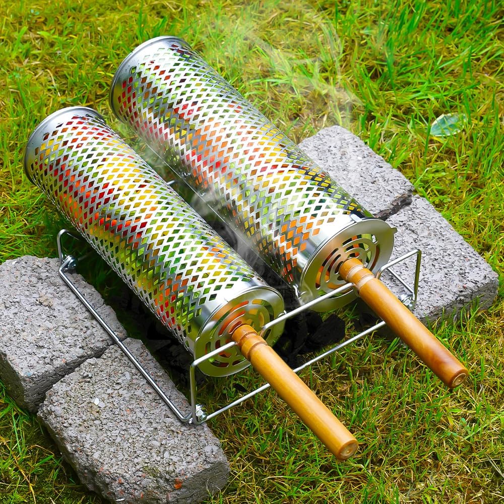 Upgraded Rolling Grill Basket - Heavy-Duty Stainless Steel Cylinder Design with Perforated Plate (Not Mesh) - 360° Rotating BBQ Grill Tube for Even Cooking - Perfect for Fish, Vegetables, Meat - Outdoor Camping & Grilling Accessories