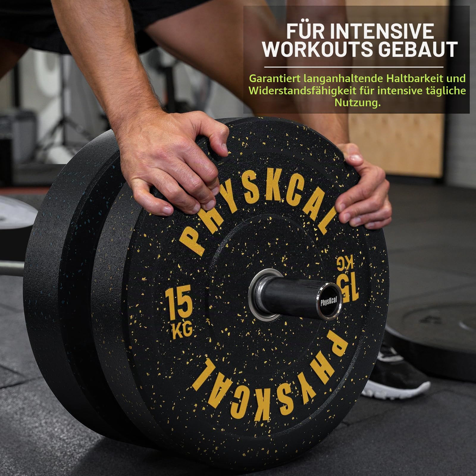 PhysKcal Hi-temp Olympic Bumper Plates, 50 mm Hantelscheiben 5–25 kg | Für Garage & Heimfitnessstudio Weightlifting. Dämpft Stöße, absorbiert Aufprall & schützt Böden bei Drops