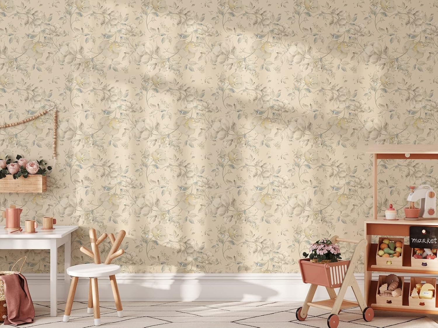 Beige Floral Art Drawing Wallpaper | Removable Watercolor Floral Mural | Pastel Floral Self Adhesive Peel and Stick Wallpaper (1 roll 24" W x 96" H)