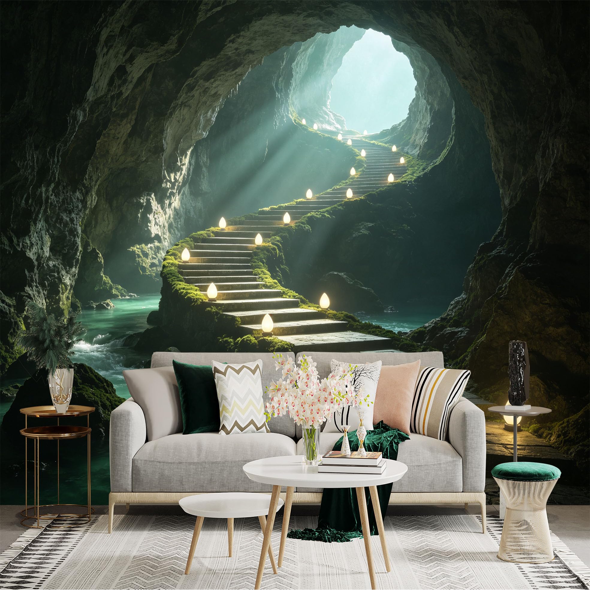 Custom Size Wall Sticker Mural， Enchanted Cave with Glowing Staircase， Mossy Stone Steps and Mystical River， for wall Decoration， peelandstick wall Decals.