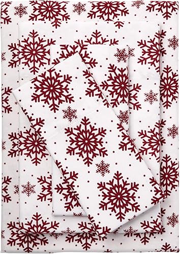 BrylaneHome Juego de sábanas de franela de algodón, tamaño individual, copos de nieve de arándano rojo