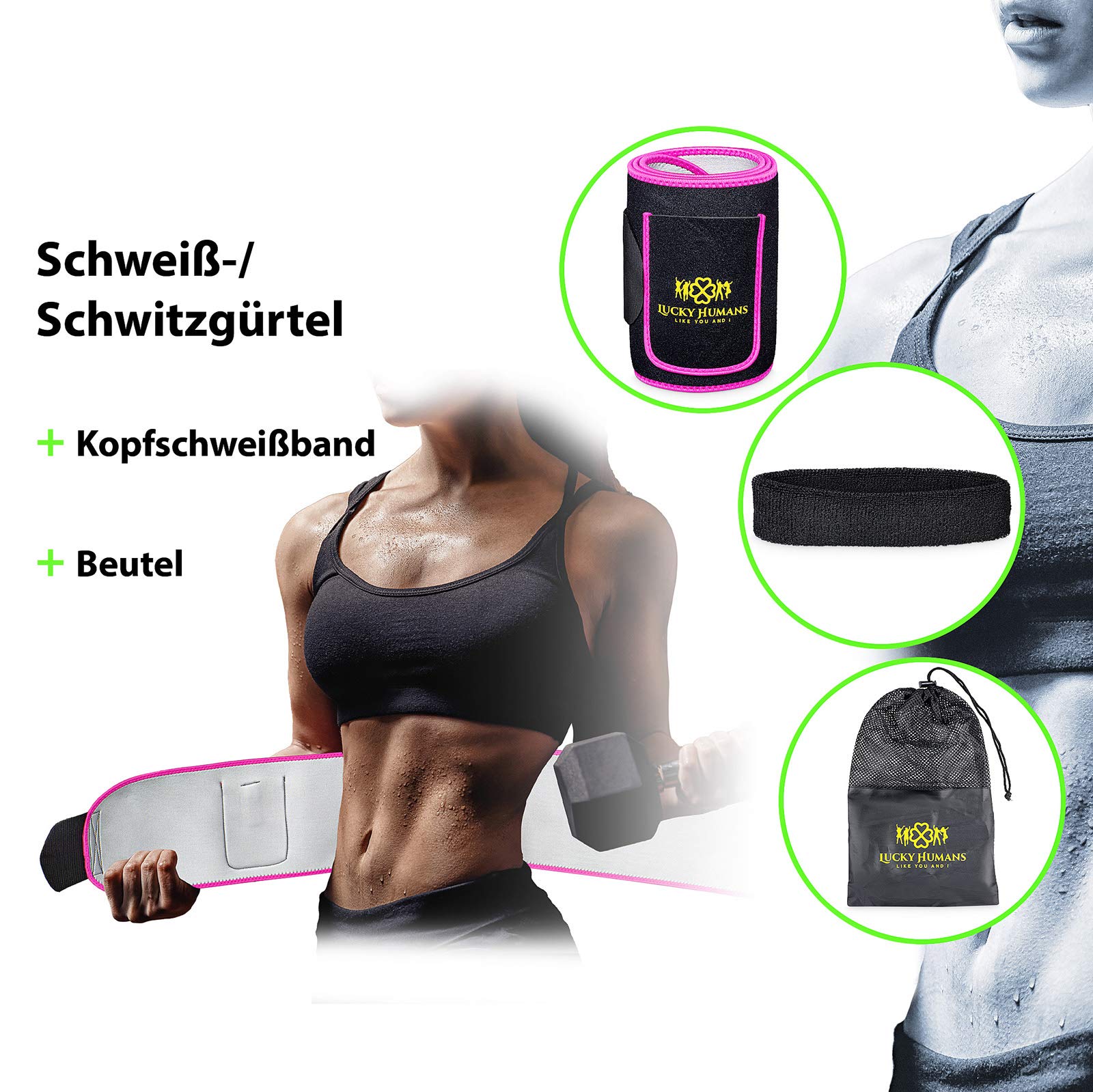 Lucky Humans® Hochwertiger -2021- Bauchweggürtel Herren Damen, Hula Hoop Gürtel, Schwitzgürtel, Bauchgürtel Neopren Nano Silber, Bauch Weg Trainer, Sweat Belt Waisttrainer (Rosa)