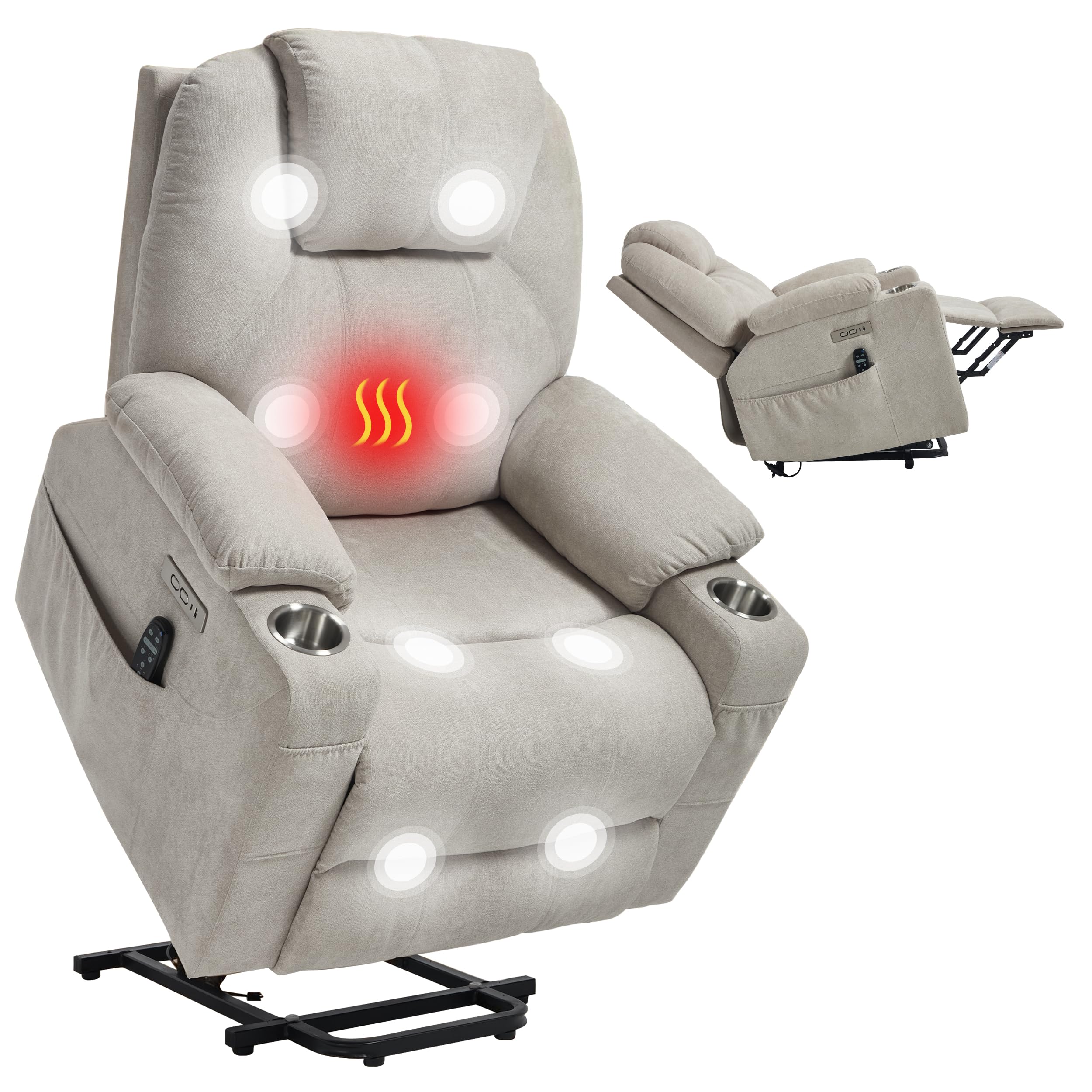Power Lift Recliner Chair for Elderly, Electric Lift Recliner Single Sofa with Vibration Massage and Lumbar Heating, Reclining Chair with Charging Ports, Polyester Fabric Beige