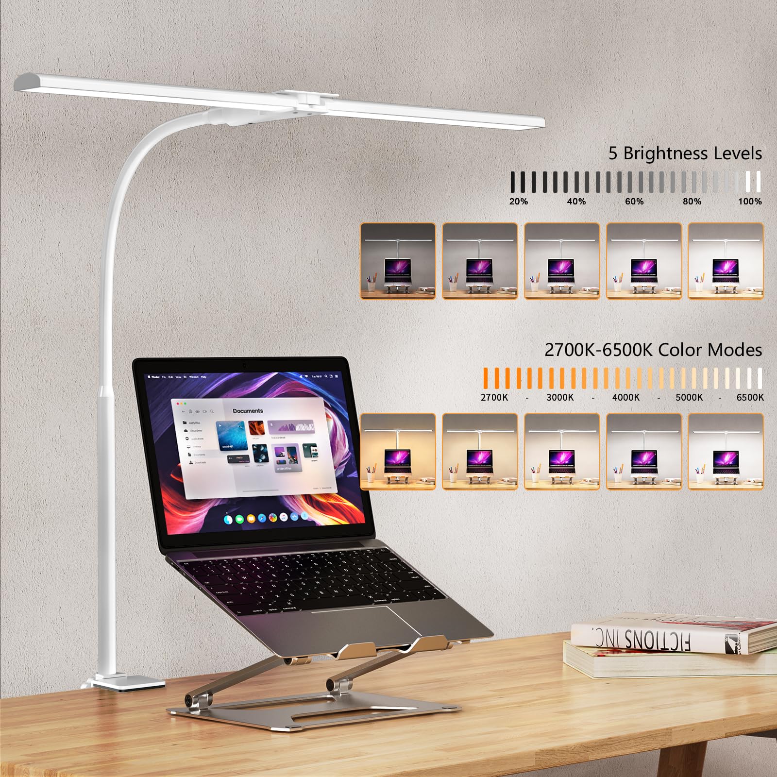 EppieBasic Lampe de Bureau Double Tête Réglable avec Pince Blanche
