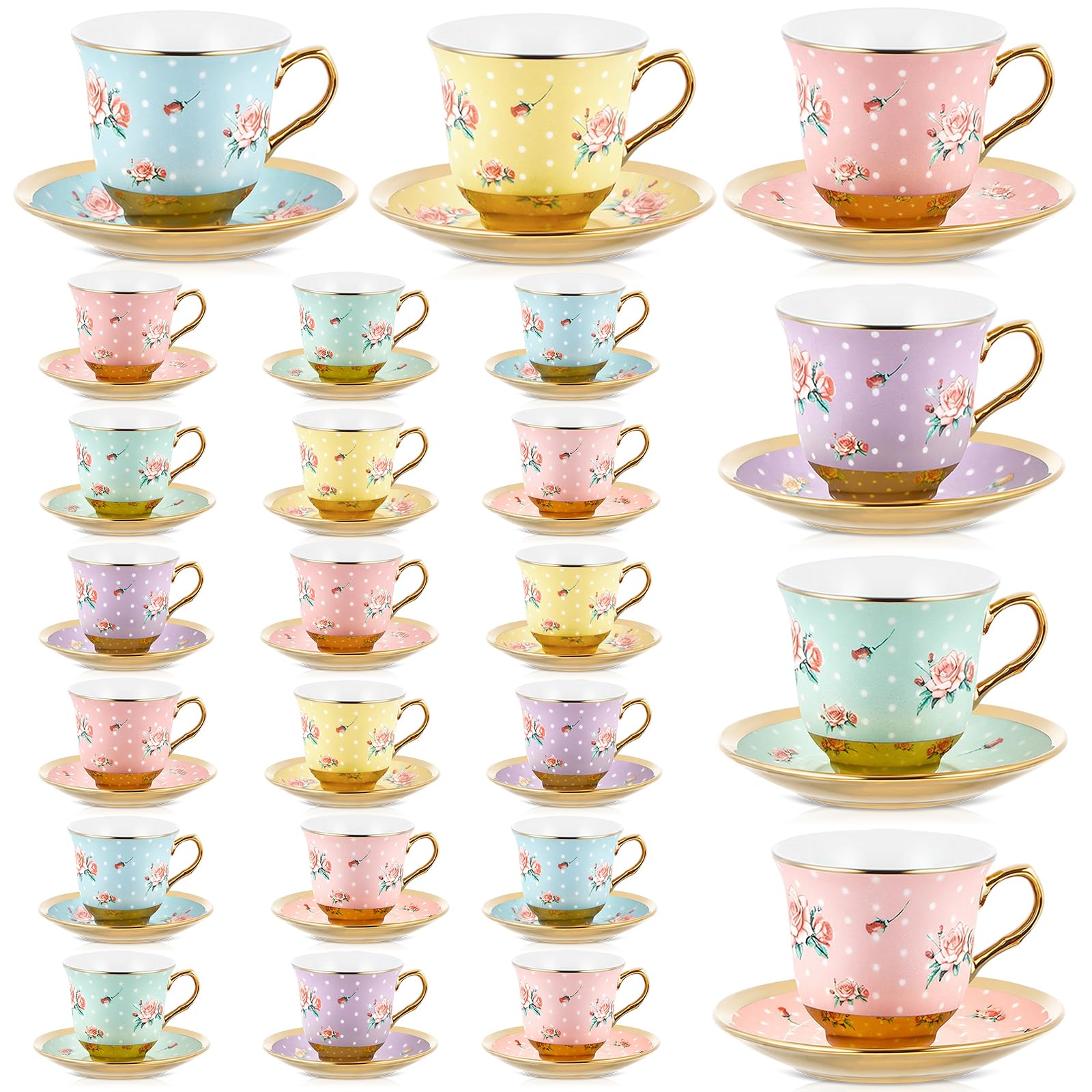 Teenyyou Set of 24 Tea Cups and Saucers, Vintage Style, 5.4 oz
