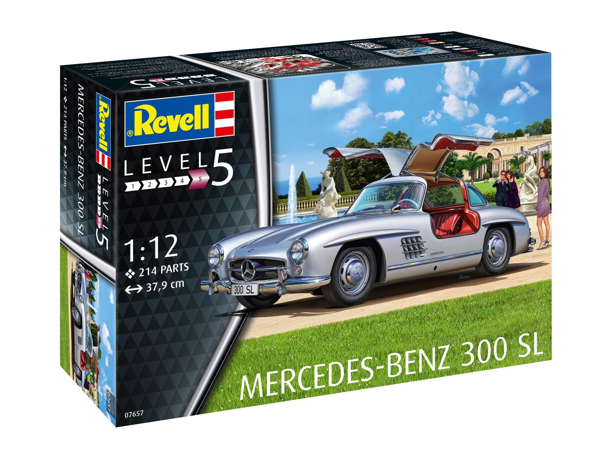 Revell 07657 Mercedes Benz 300 SL, wymarzony samochód do samodzielnego montażu, model samochodu 1:12, 37,9 cm, oryginalny zestaw do budowy pojazdu dla ekspertów, nielakierowany