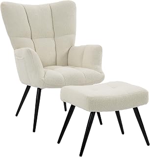 HOMCOM Living Room Chair with Footrest, Padded Teddy Chair with High Backrest, Side Pockets, Steel Legs, Modern Style, Living Room Chair, Office, Bedroom, Beige