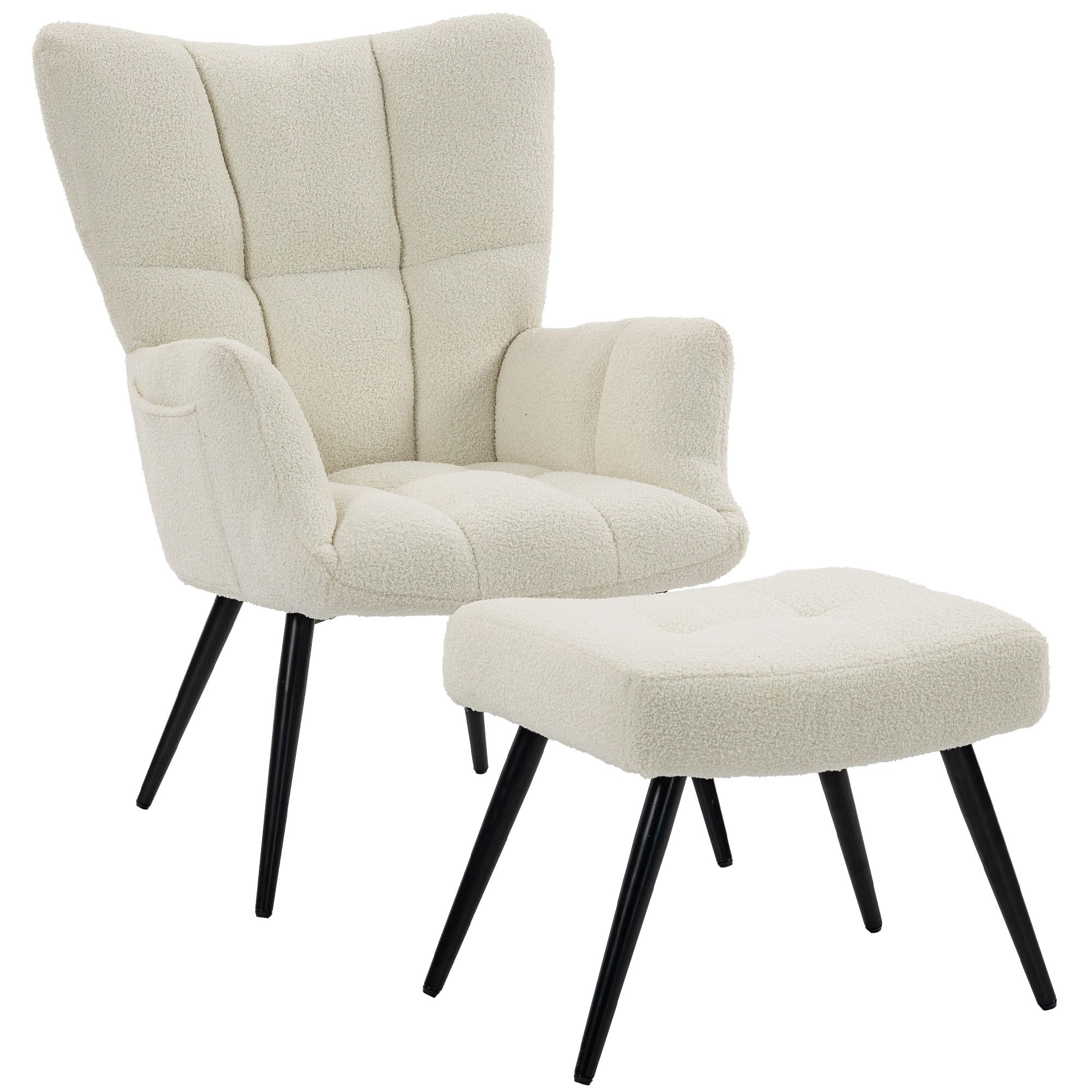 HOMCOM Poltrona con Poggiapiedi in Tessuto Teddy Morbido Traspirante Beige | Poltrocina Camera da Letto, Schienale Alto Trapuntato, Tasche Laterali, per Soggiorno Studio Camera da Letto