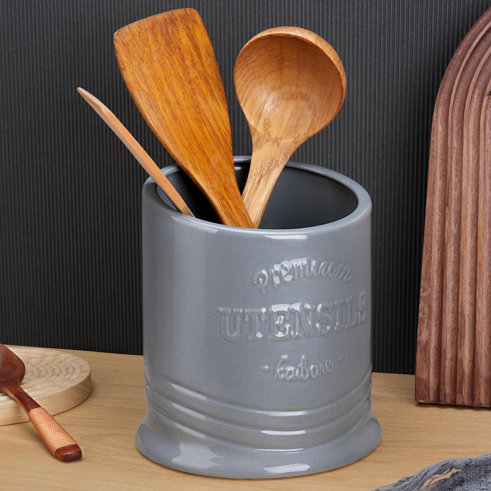JSHKY Uchwyt na przybory, 18,3 cm ciężki wiejski ceramiczny garnek kuchenny z matą ochronną, duży średnica 15 cm, szary, błyszczące wykończenie