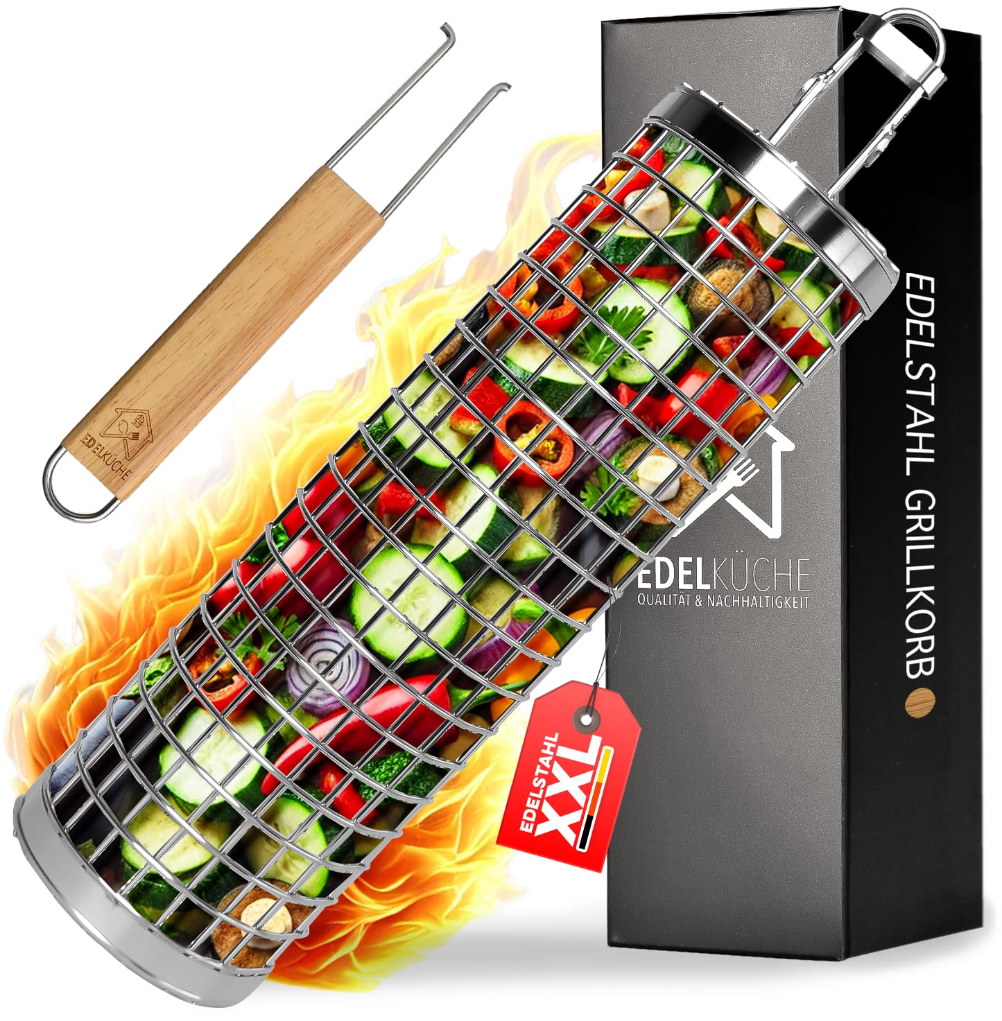 EdelKüche Premium Grillkorb (XXL) aus Edelstahl für Gemüse und Fleisch | Rund, Zylindrisch | Grillzubehör | super Geschenk