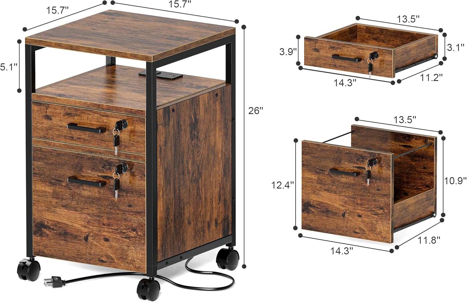 Exploded view of SUPERJARE file cabinet with all parts labeled and dimensions.