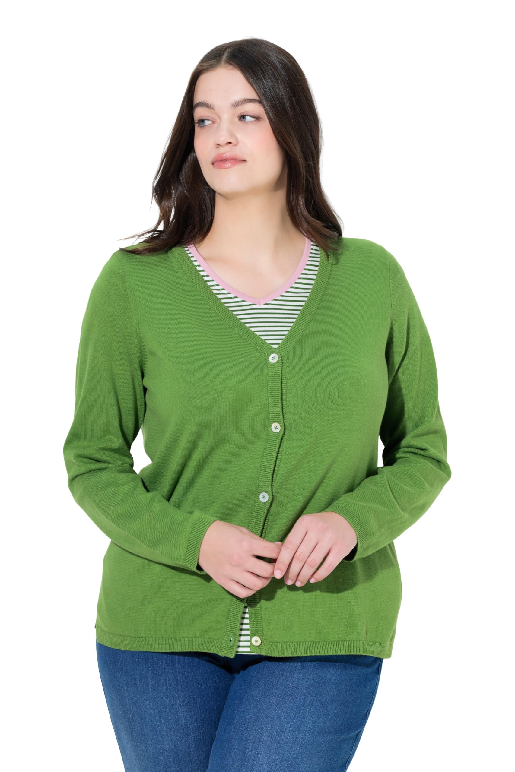 Ulla Popken Damen große Größen Übergrößen Plus Size Twinset-Strickjacke, V-Ausschnitt, Langarm, Biobaumwolle 846152
