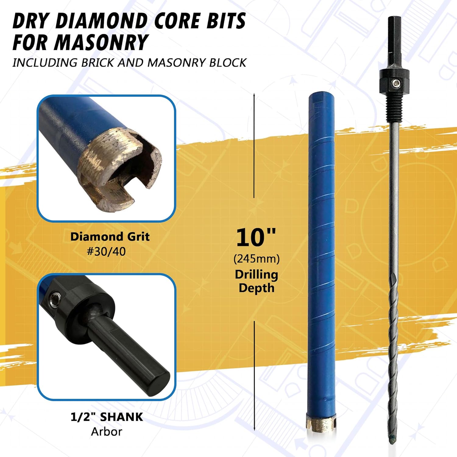 1-1/8" Dry Diamond Core Drill Bits for Brick and Block with 1/2" Shank Pilot Bit Adapter, 9.5" Drilling Depth, 5/8"-11 Arbor