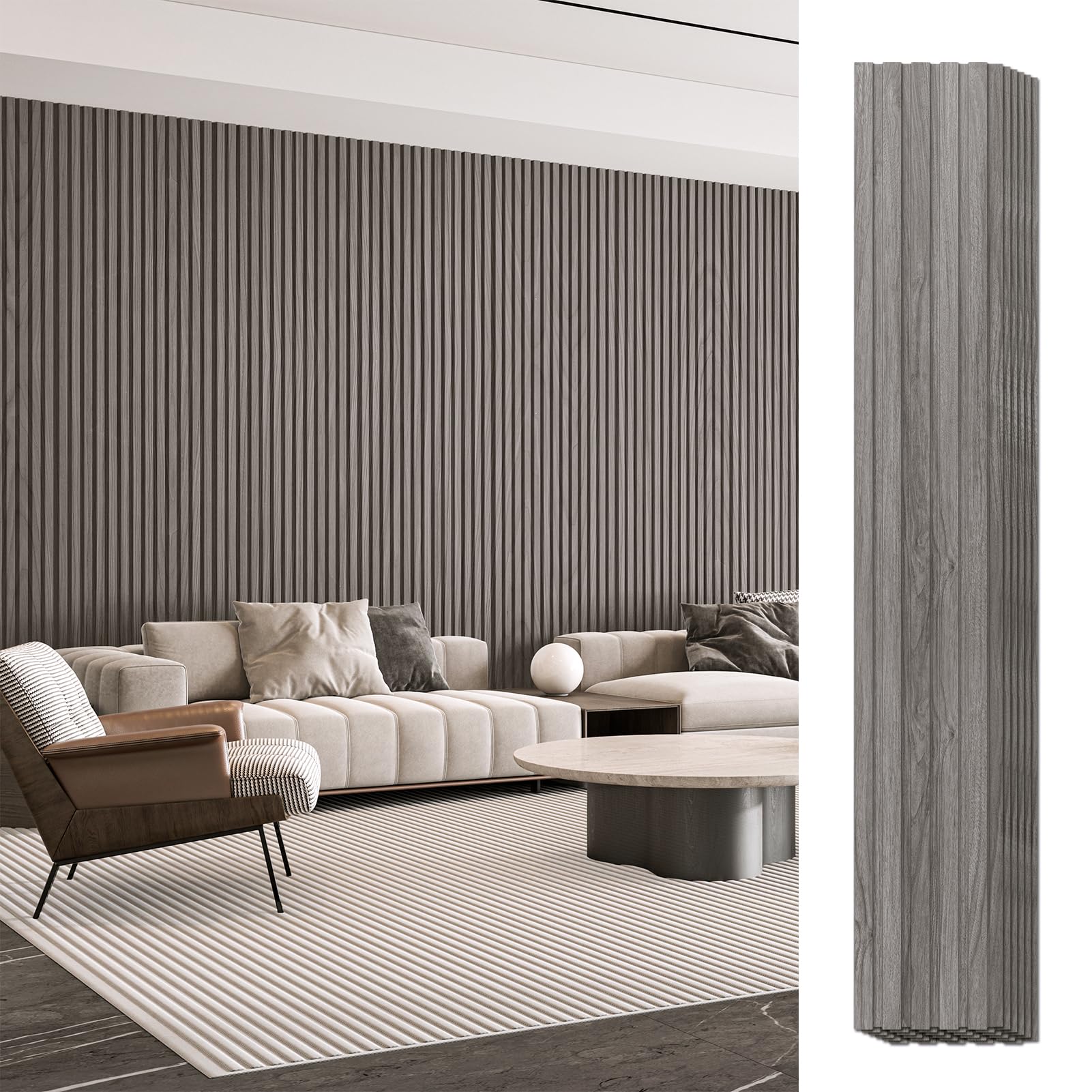 Art3d Wood Slat Wall Panels, Fluted MDF, 6-Pack, 94.6 x 7.4 in,Ash