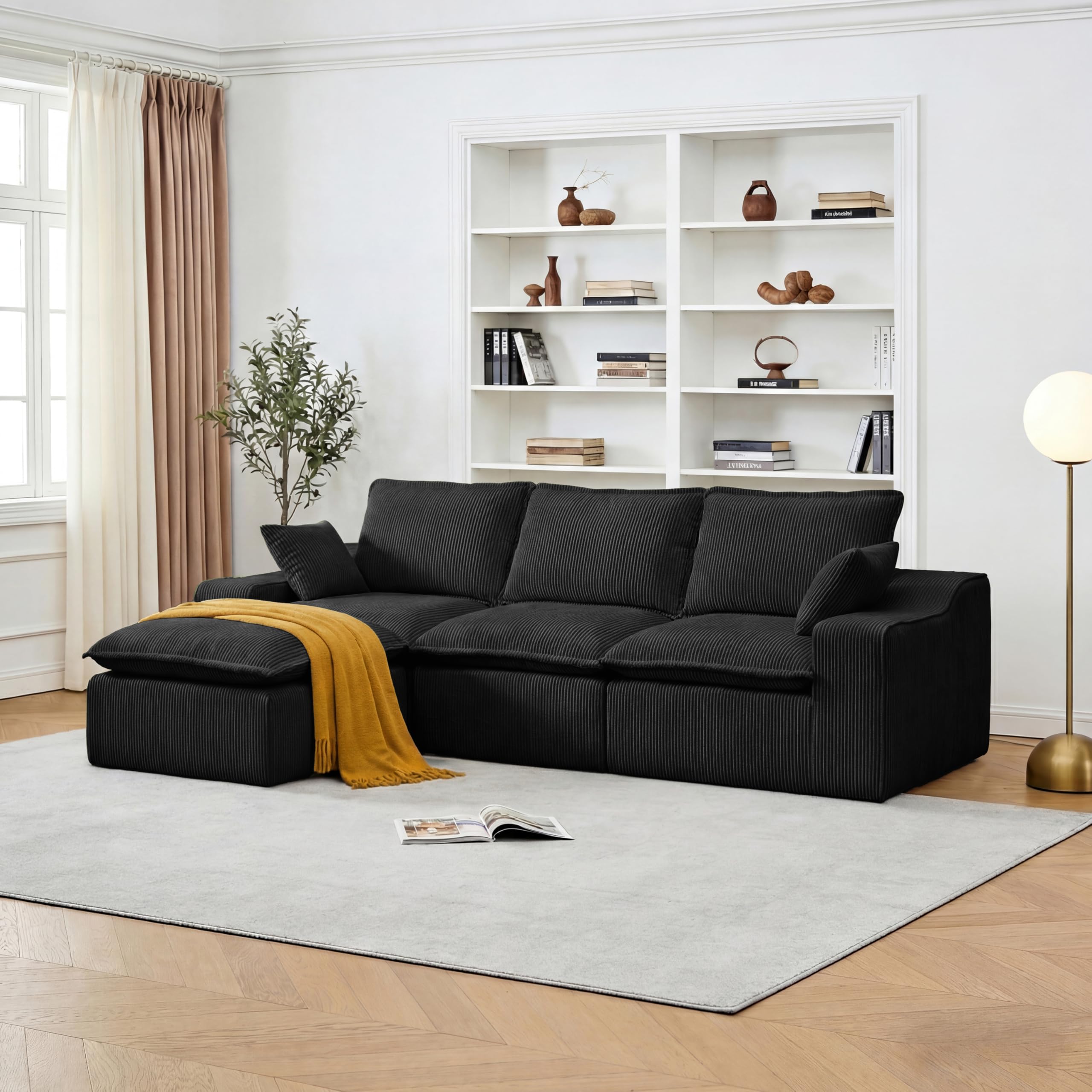 Vipbear Divano 4 Posti con 1 Pouf, Divano Cloud in Tessuto di Velluto a Coste con Seduta Profonda Imbottita, Seduta Extra Profonda e Morbida, Modulare Divano a L per il Soggiorno, Nero