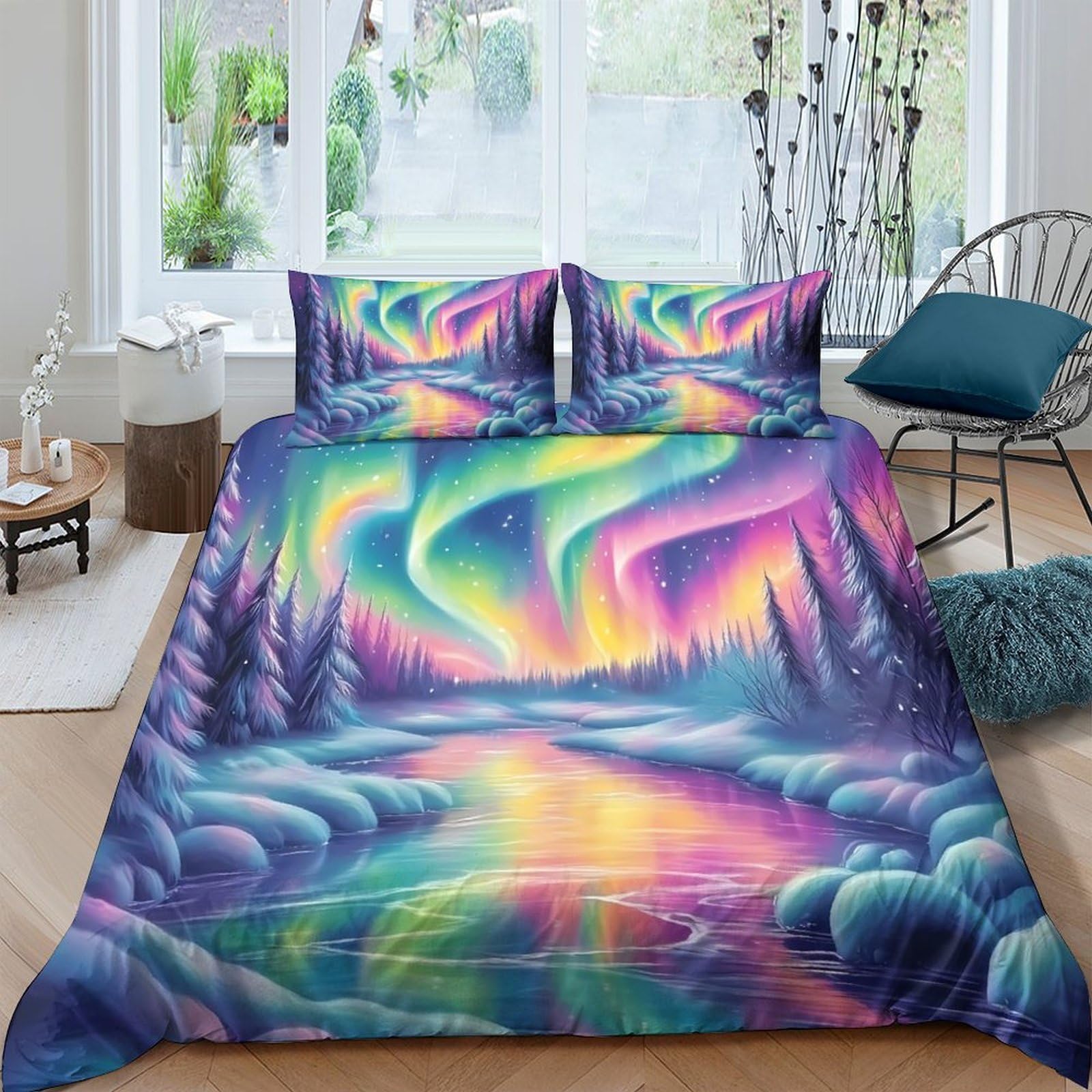 P5V6M1Q9 3D Printed Aurora Borealis Duvet Cover Microfiber Soft Breathable Northern Lights Bedding Set with 2 Pillowcases for Bedroom Decor Single（135x200cm）