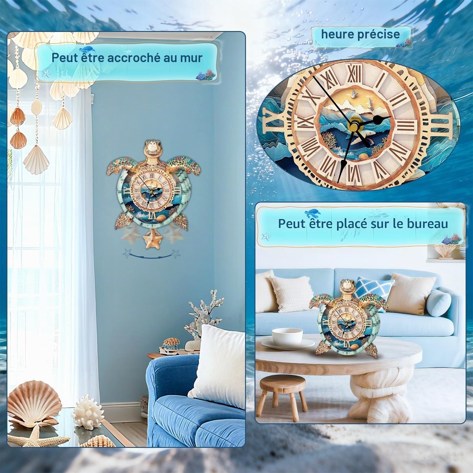 Puzzles 3D pour adultes - Horloge tortue de Noël à faire soi-même, mécanisme avec pendule en bois - Décoration murale de bureau, chambre à coucher, cadeau personnalisé pour les amateurs de bricolage