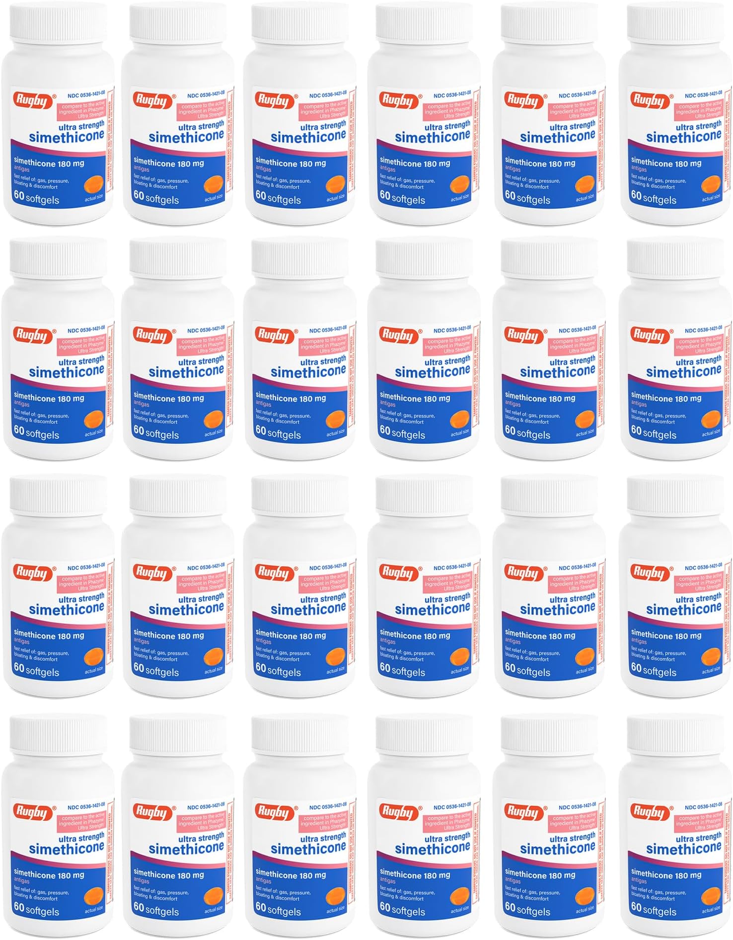 Rugby Ultra Strength Simethicone Gas Relief 180 mg - Maximum Relief for Adults - May Help with Symptoms of Flatulence & Bloating - 60 Softgels (24 Pack)