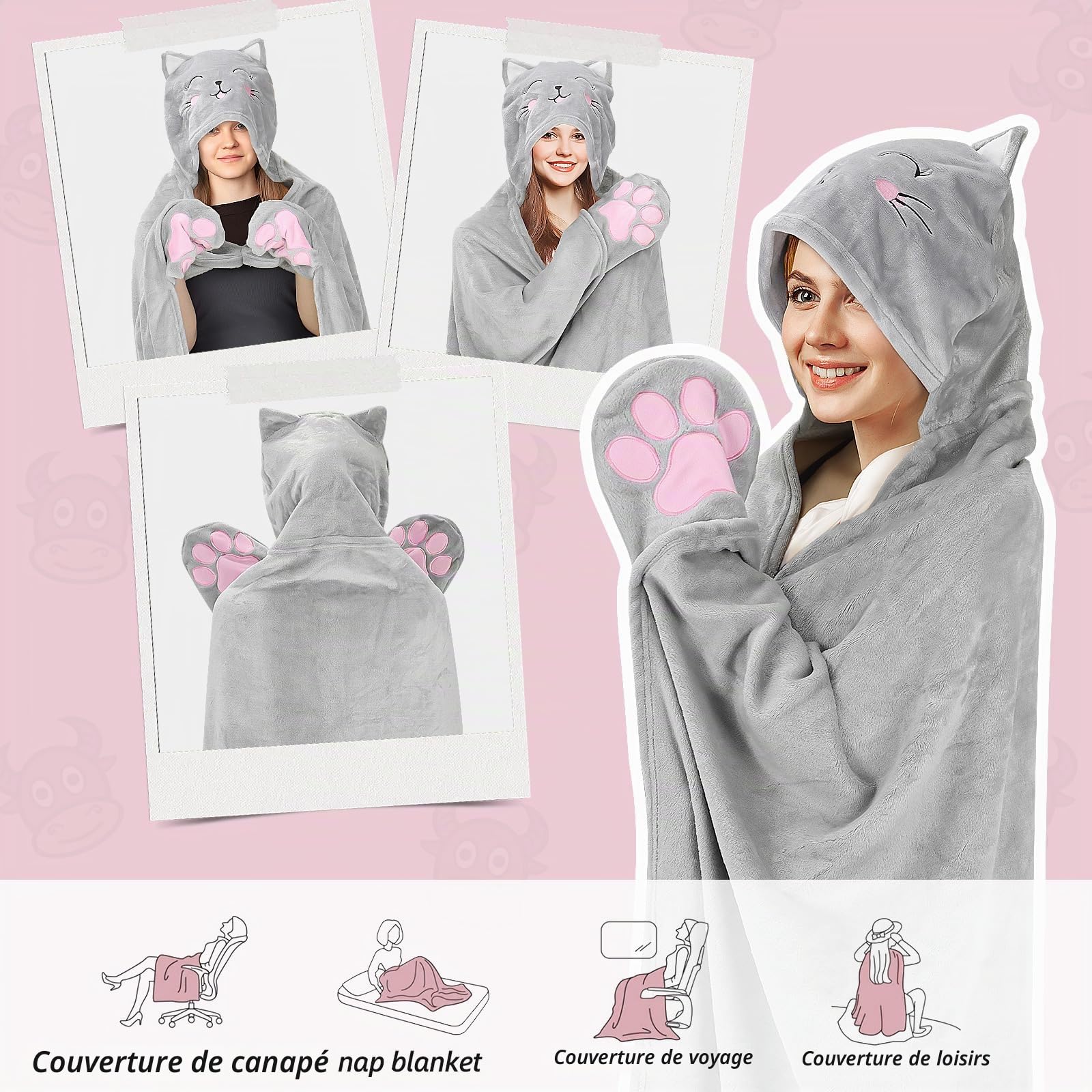 Couverture Sweat à Capuche Portable, Couverture avec Capuche en Polaire, Chaud Hiver Cadeau pour Femme Homme