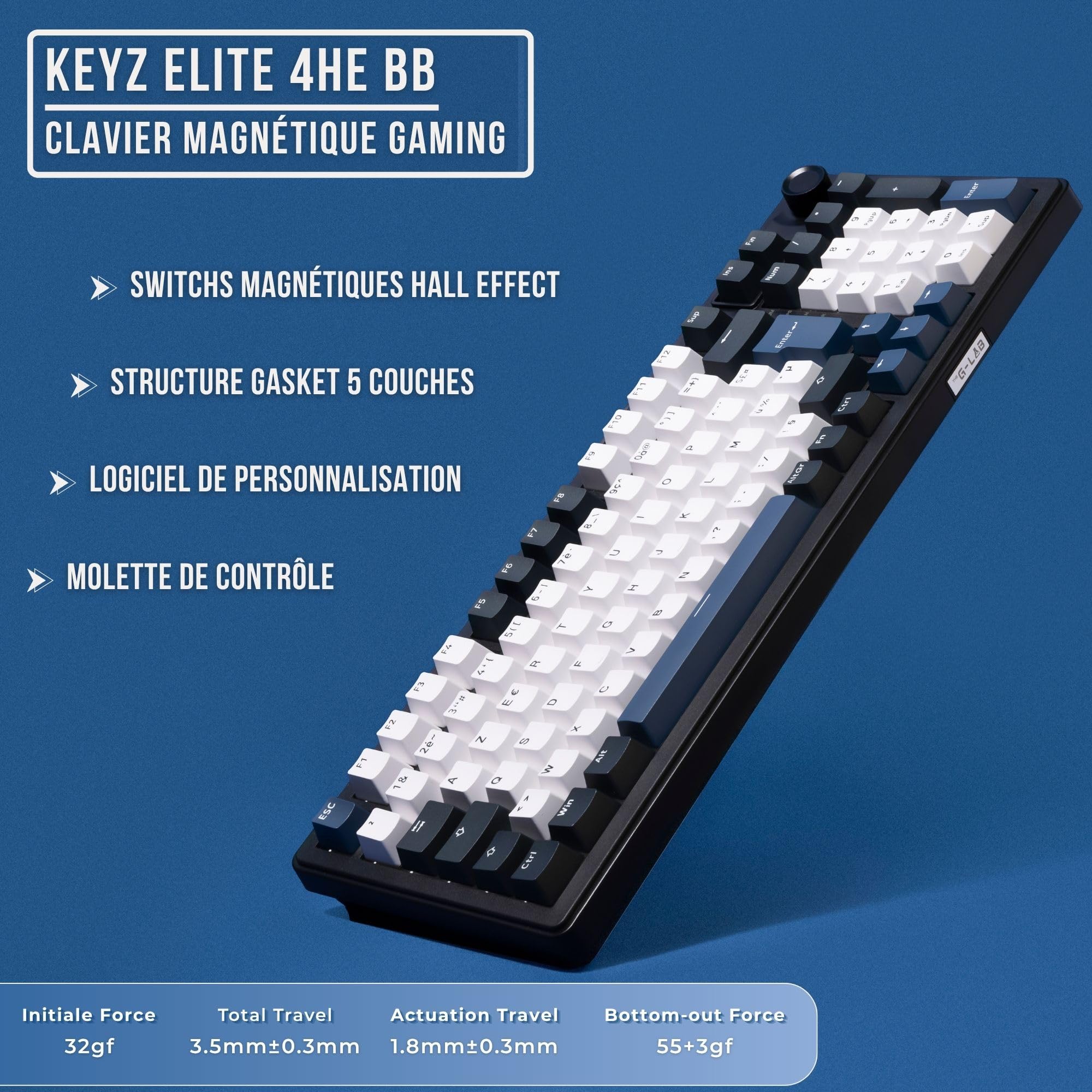 The G-Lab - KEYZ Elite 400 HE BB - Magnetyczna Klawiatura Gamingowa Hall Effect 96% AZERTY FR, Przewodowa USB, 8000 Hz Rapid Trigger, Regulowana Aktywacja 0,01 mm, PBT Hot-Swap, RGB i Makra - Win/Mac