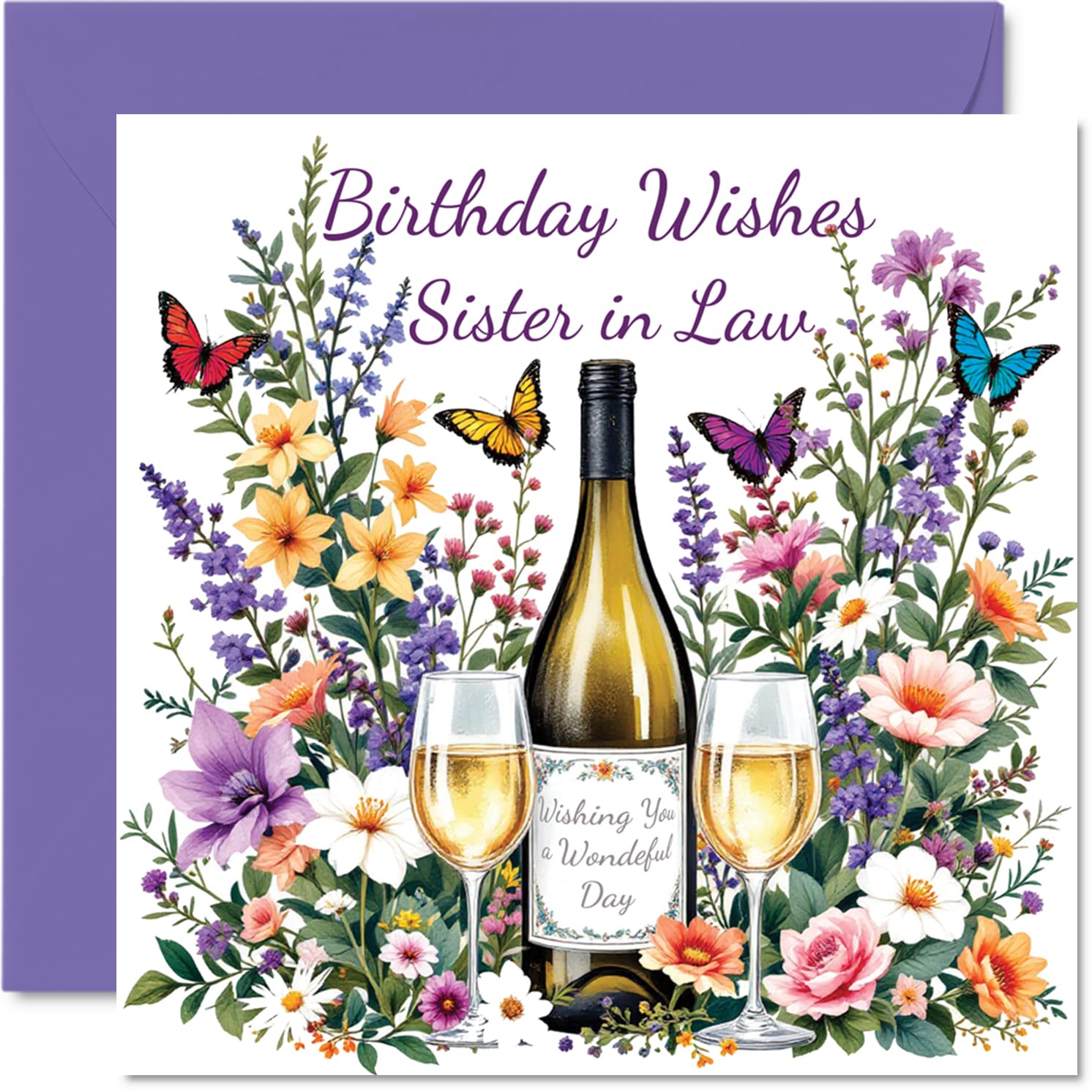 Sister in Law Birthday Card - Flowers & Wine - Happy Birthday Card for Sister in Law from Brother Sibling, 145mm Flowers & Wine Bday Greeting Cards