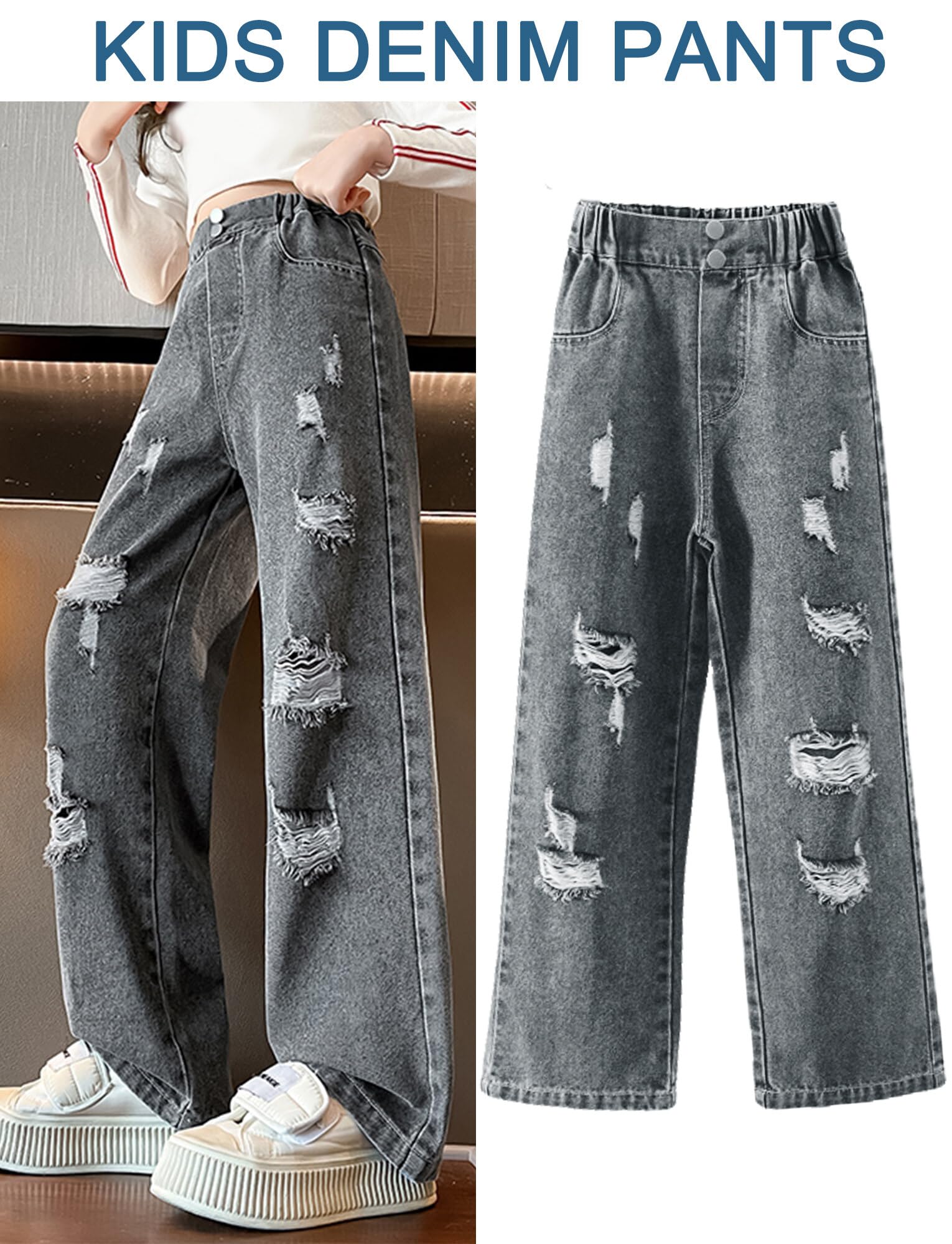 FEOYA Dziewczęce spodnie dżinsowe dla dzieci, spodnie dżinsowe, szerokie nogawki, streetwear z kieszeniami, dla nastolatków, vintage, Y2k, Baggy, jeansy Wide Leg 120-170