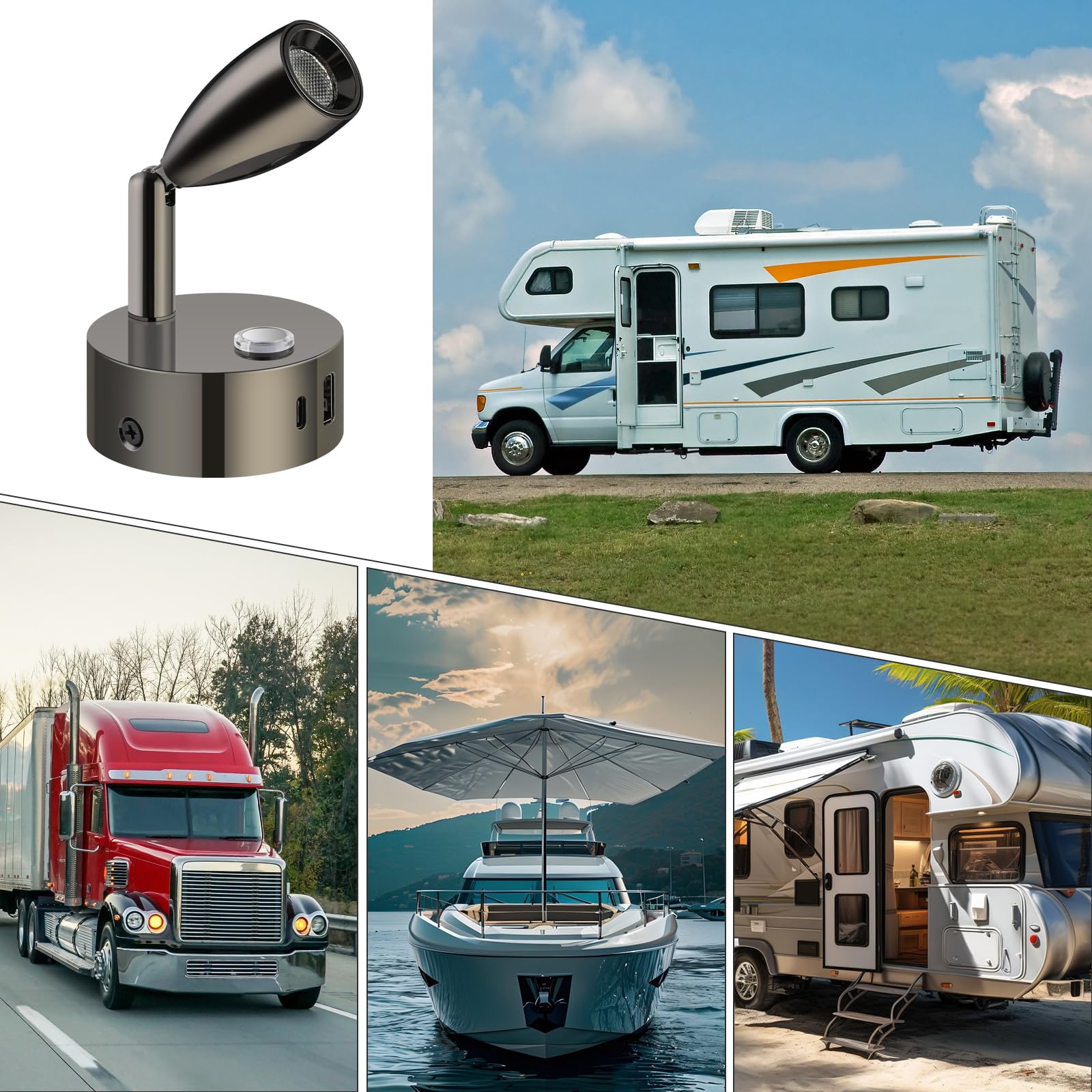 ERWEY 2pcs lampes de lecture 12V pour camping-car, luminosité réglable et 3 modes de température de couleur, lampe murale avec connecteurs USB A+C pour voiture, van et caravane, noir brillant