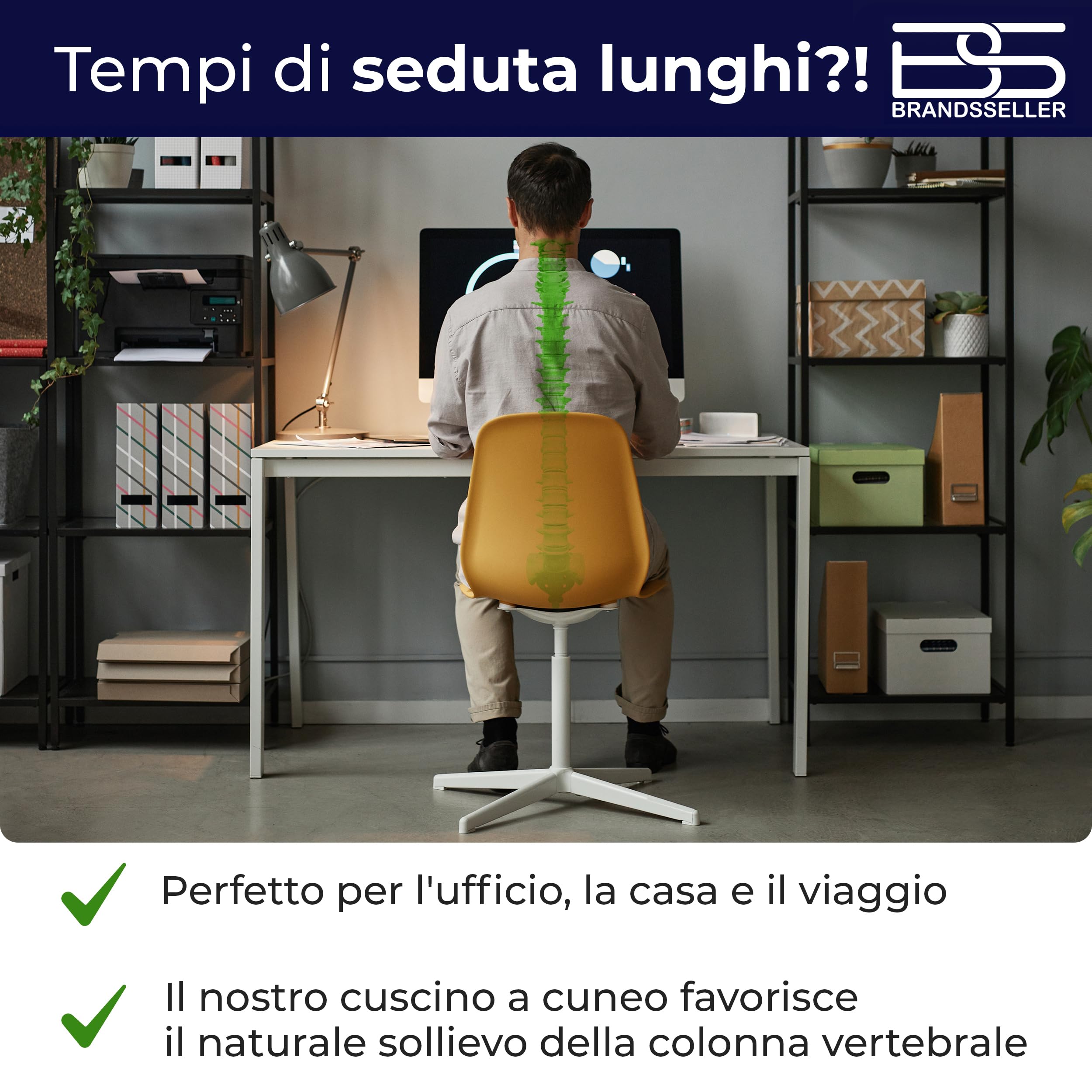 Cuscino a Cuneo 38x38x8/2 cm per Sedia, Ufficio e Auto, Cuscino Ergonomico per Seduta Corretta, Supporto per Schiena, Nero