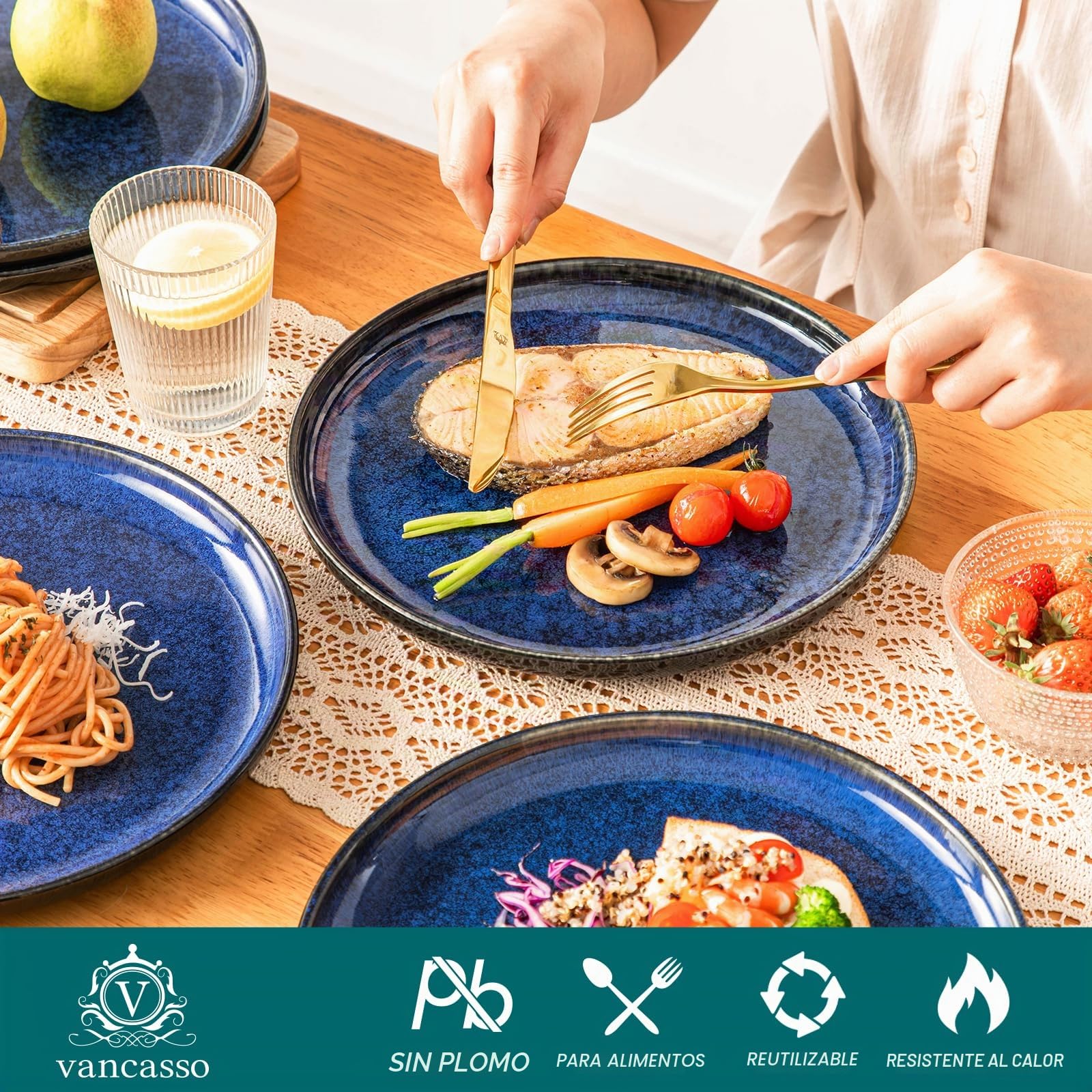 vancasso STARRY Set de 6 Platos Llanos, Platos de Ensalada de 26 cm, Platos de Desayuno de Gres, Juego de Platos de Cena para Cocina, Apto para Lavavajillas y Microondas, Esmalte Reactivo Azul
