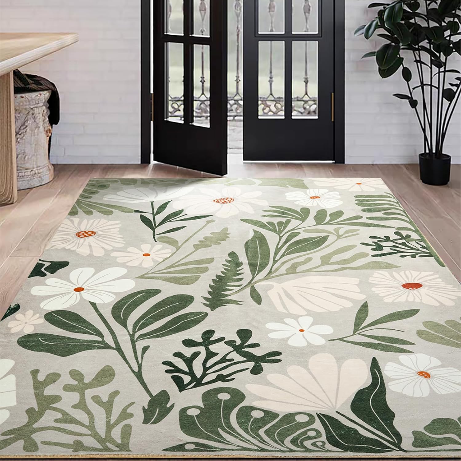 RoomTalks Cute Funky Bedroom Rugs Aesthetic Decor, 5x7 Washable Area Rug Non Slip Sage Green Boho Floral Botanical Rug Modern Abstract Throw Rug Accent Carpet for Living Room Kitchen Entryway Dorm