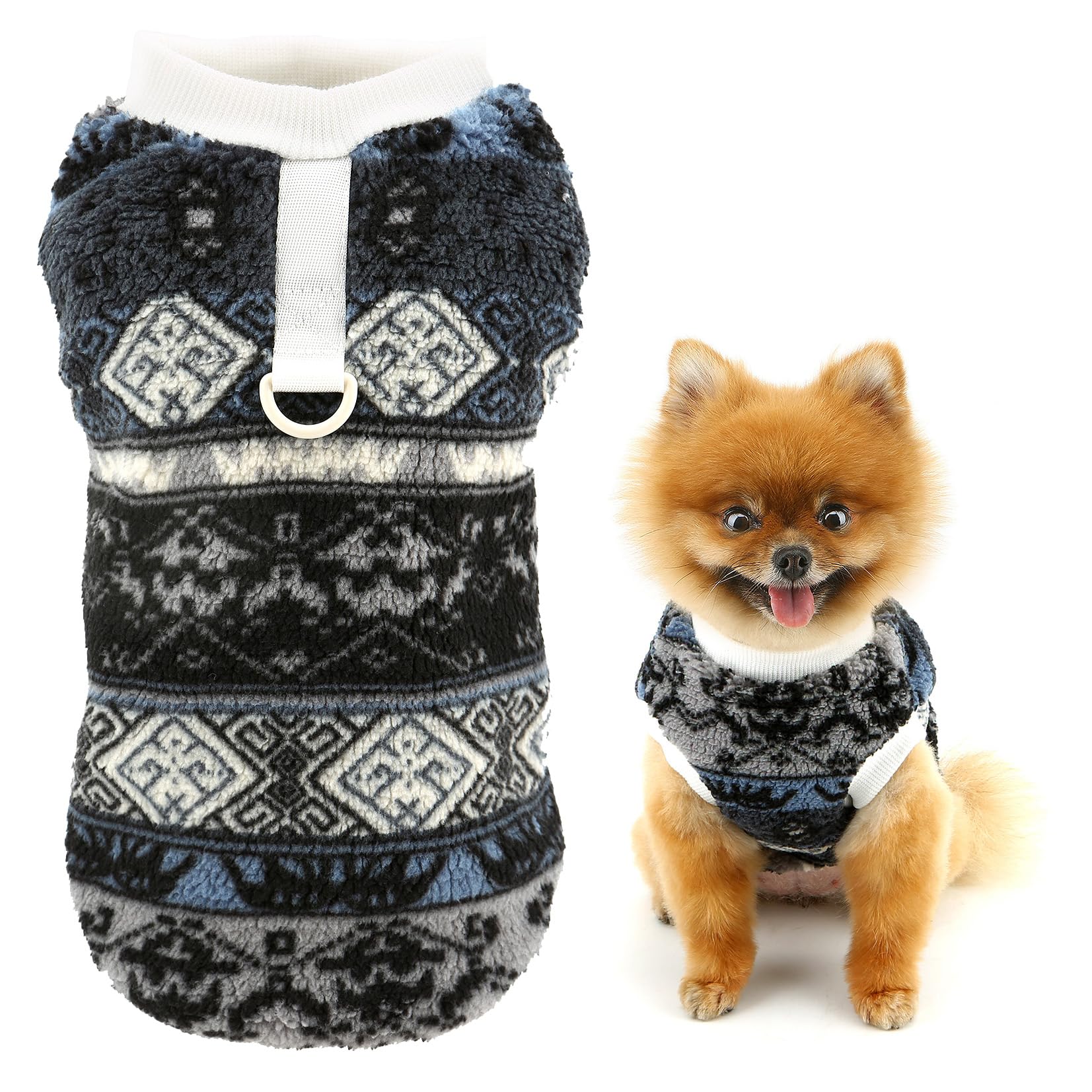 SMALLLEE_LUCKY_STORE Fleece Dog Jumper for Small Dog Fair Isle Pet Sweatshirt with D-ring Sleeveless Puppy Pullover Warm Winter Autumn Vest Chihuahua Yorkie Clothes, Gray, M