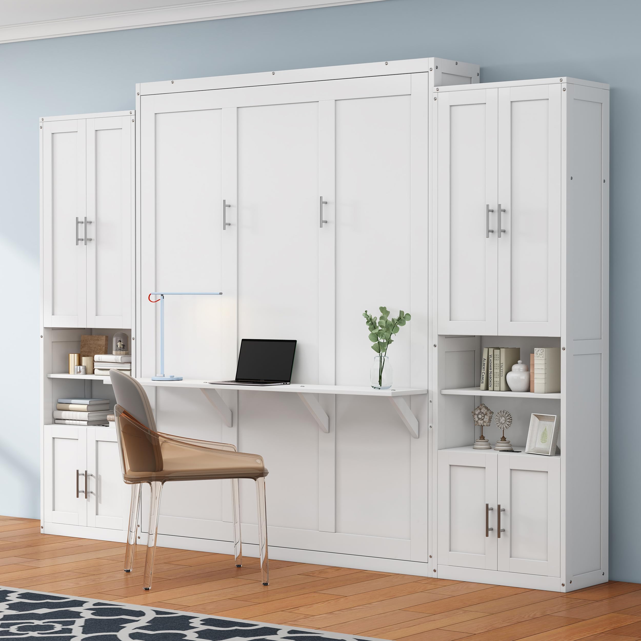 SOFTSEA Full Size Murphy Bed with 2 Side Cabinets, 61.5 inch Foldable Bed Wall Bed Murphy Bed with Desk Combo, Wood Cabinet Murphy Bed for Guest Room Study Room Home Office, White