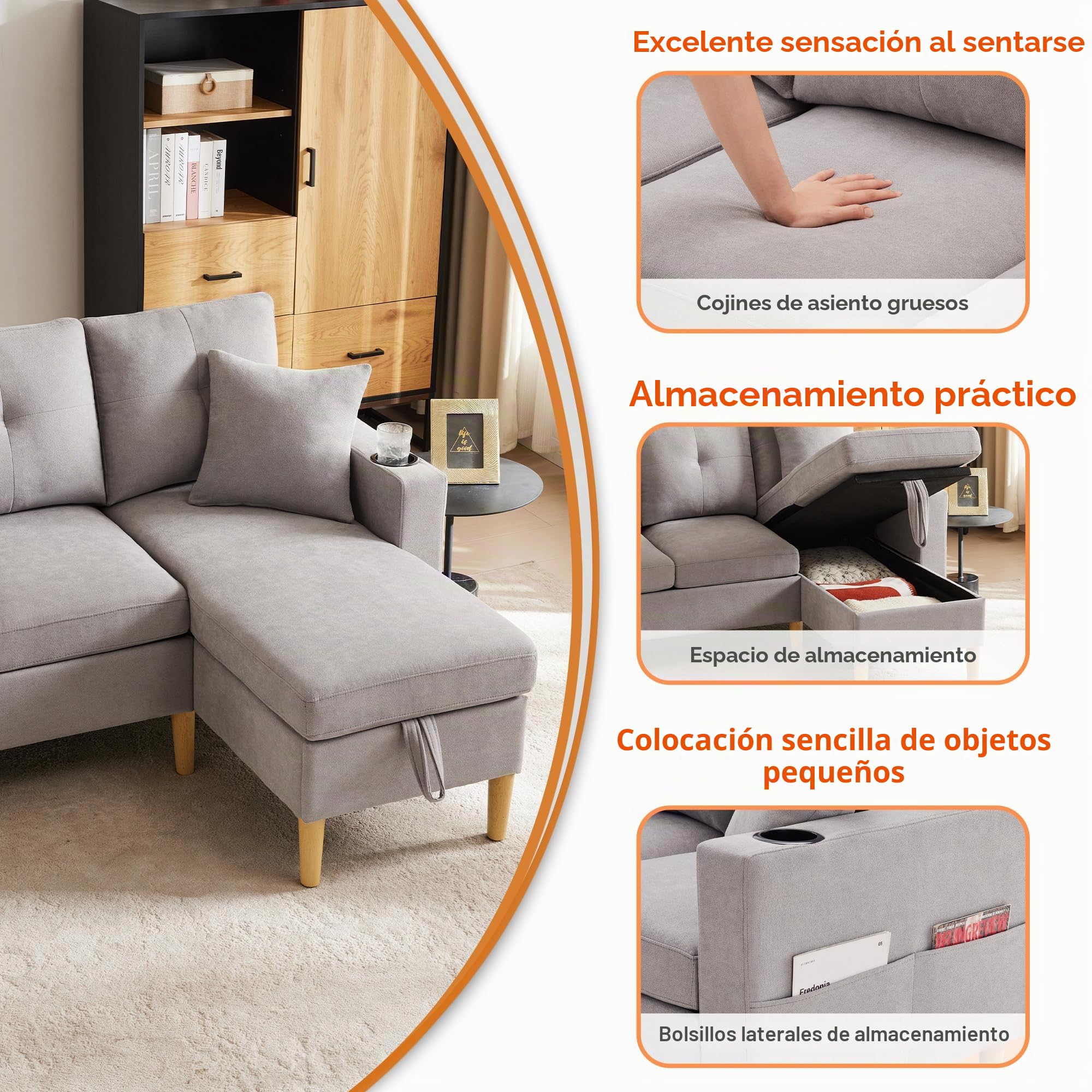 Sofá moderno en forma de L, sofá de 3 plazas con chaise longue, espacio de almacenamiento, soporte integrado para bebidas, viene con 2 almohadas, adecuado para salón, oficina, apartamento, etc., 175 x