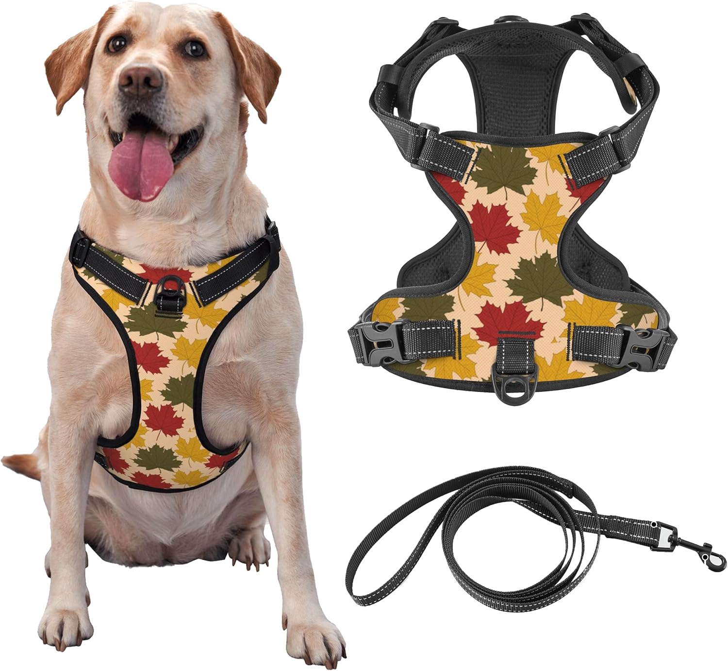 Reflective Vest Harness Fall Maple Leaves Adjustable No Pull Pet Harness Stylish