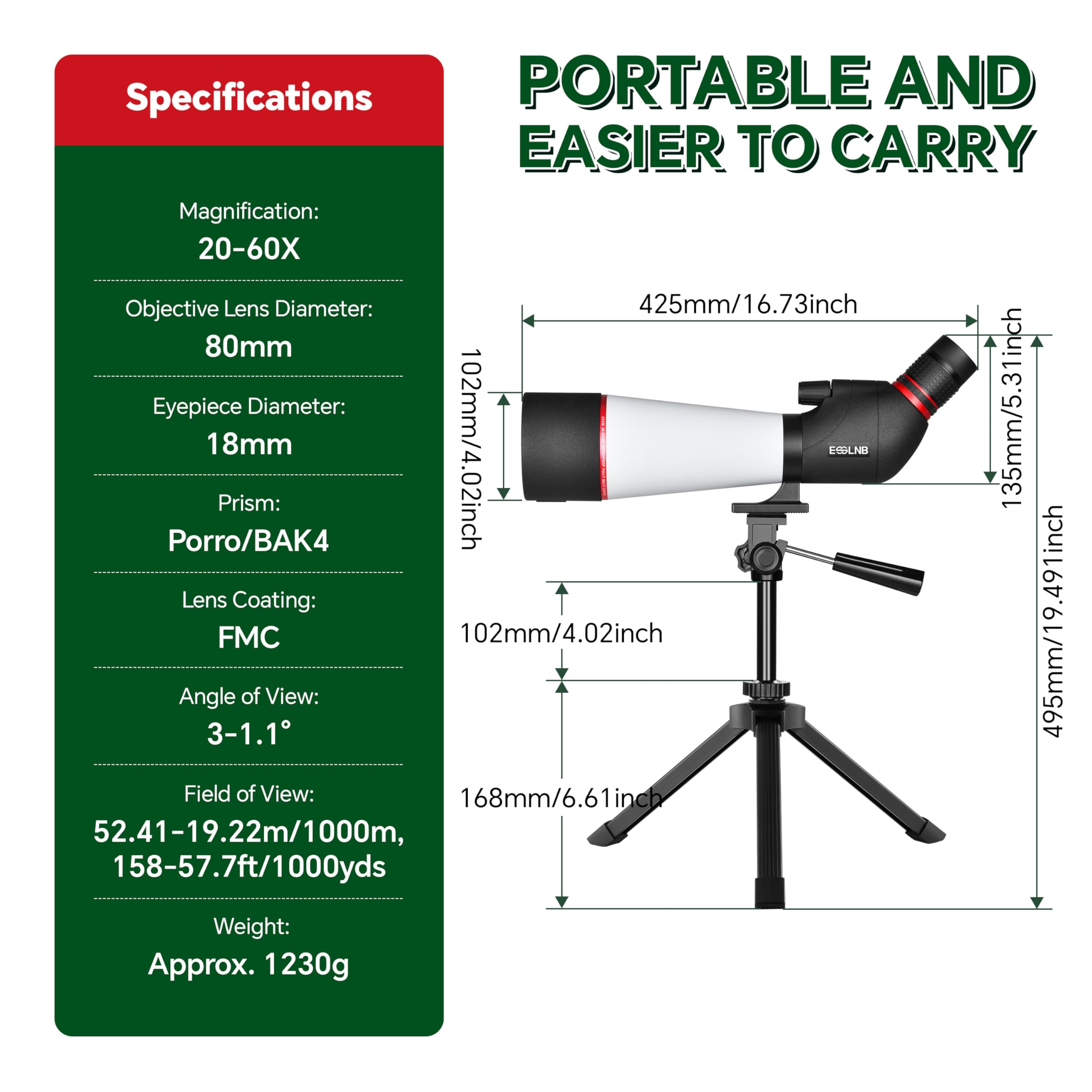 ESSLNB Longue-vue 20-60 x 80 cm avec trépied adaptateur pour smartphone et sac 100 % étanche BAK4 entièrement traité multicouche prisme porro pour le tir à la cible, l'observation des oiseaux et