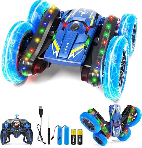 Aiqi Coche de acrobacias a control remoto, recargable de 2.4 GHz con luces LED, 360 volteos giratorios a control remoto para niños de 4 a 7 8 a 12