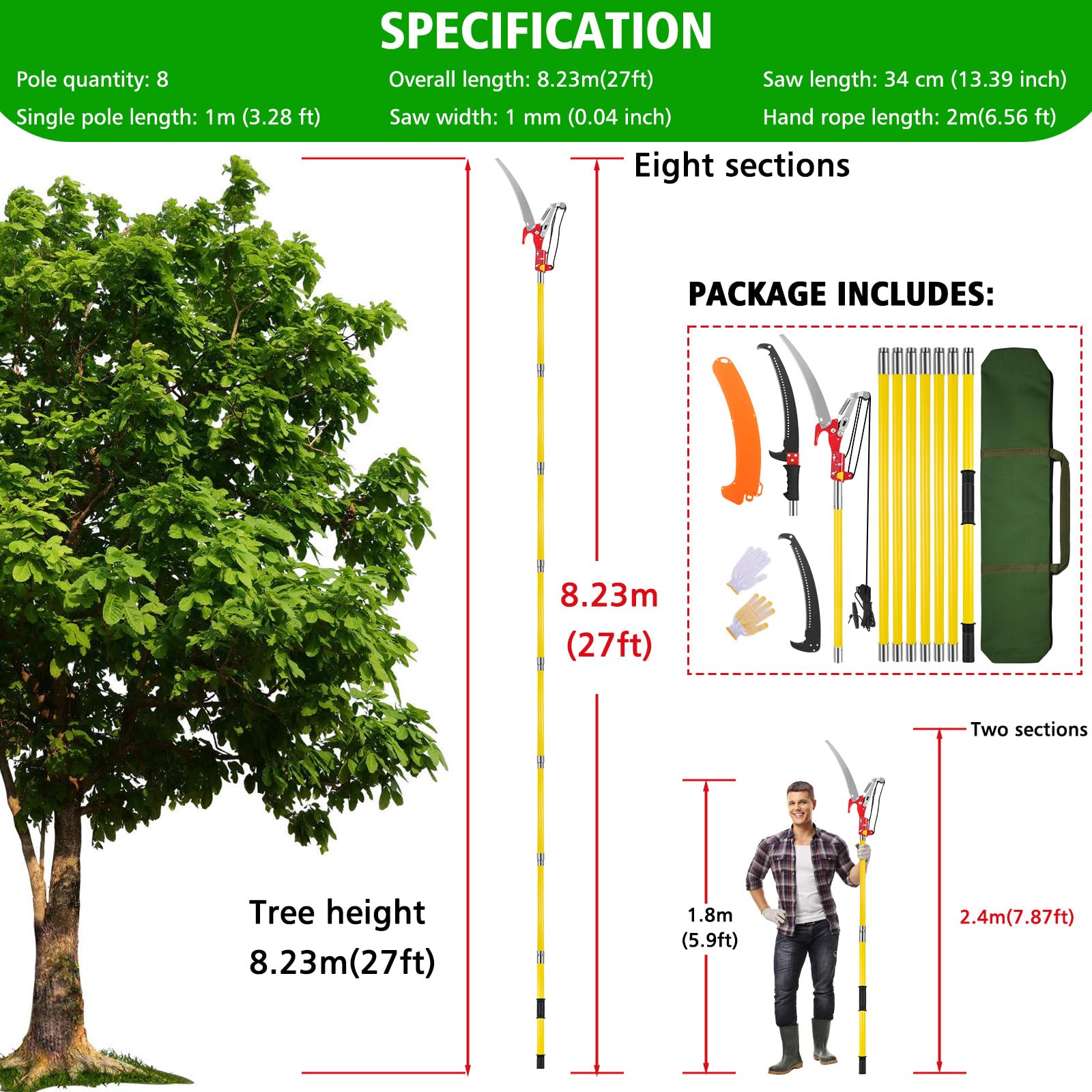 Coupe Branche Télescopique 8m: Scie Telescopique Elaguer 2 en 1,7 Manche Télescopique | 2 Lames de Scie | Sac de Transport, Scie d'élagage Pour Élagage Palmiers Arbustes (jaune)