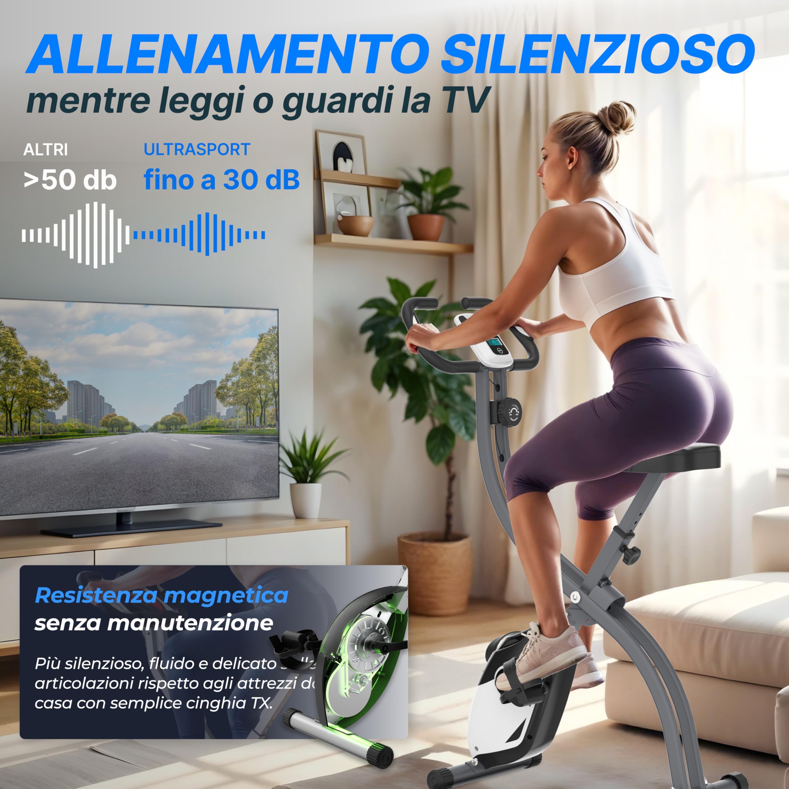 Ultrasport F-Bike Cyclette da Casa Pieghevole I Cyclette Pieghevole da Casa fino a 130 KG con Sella Extra Confortevole, LCD Display e Sensori delle Pulsazioni, Cyclette da Camera