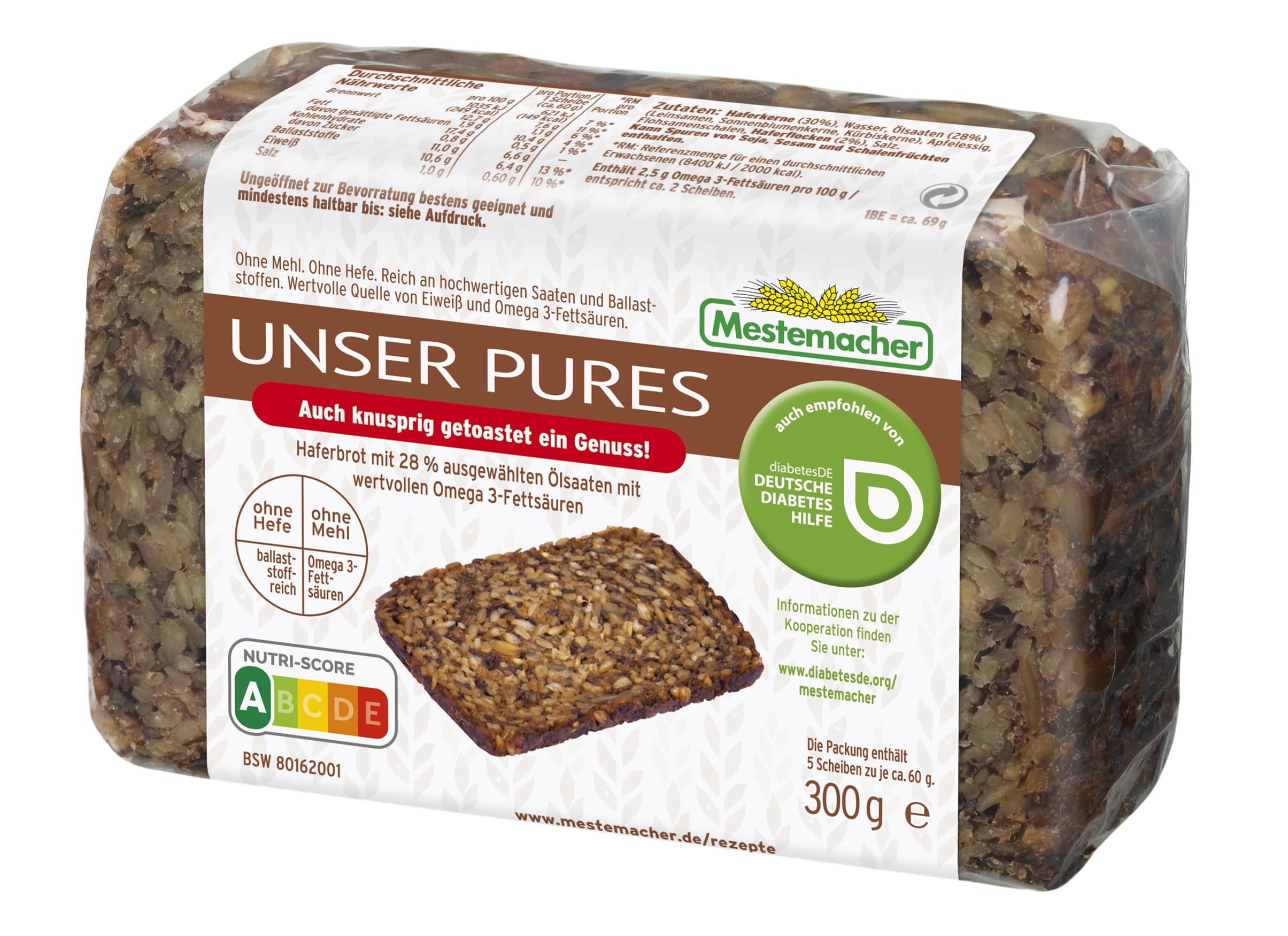Mestemacher Unser Pures Haferbrot ohne Mehl und ohne Hefe, Nutri Score A, Ballaststoffreich, mit wertvollen Omega 3 Fettsäuren, Vollkornbrot Diabetiker geeignet, 5 Scheiben, 300g
